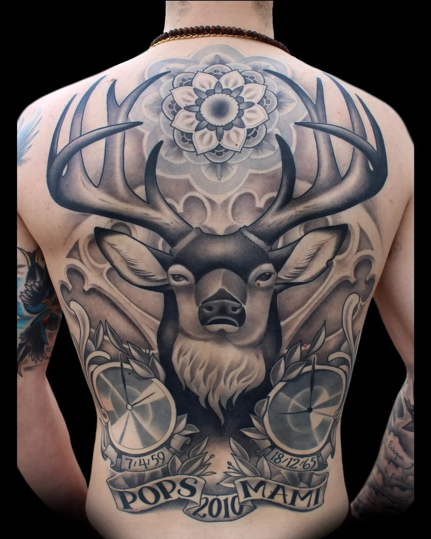 Buck and Mandala Black and Gray Full Back Piece Tattoo