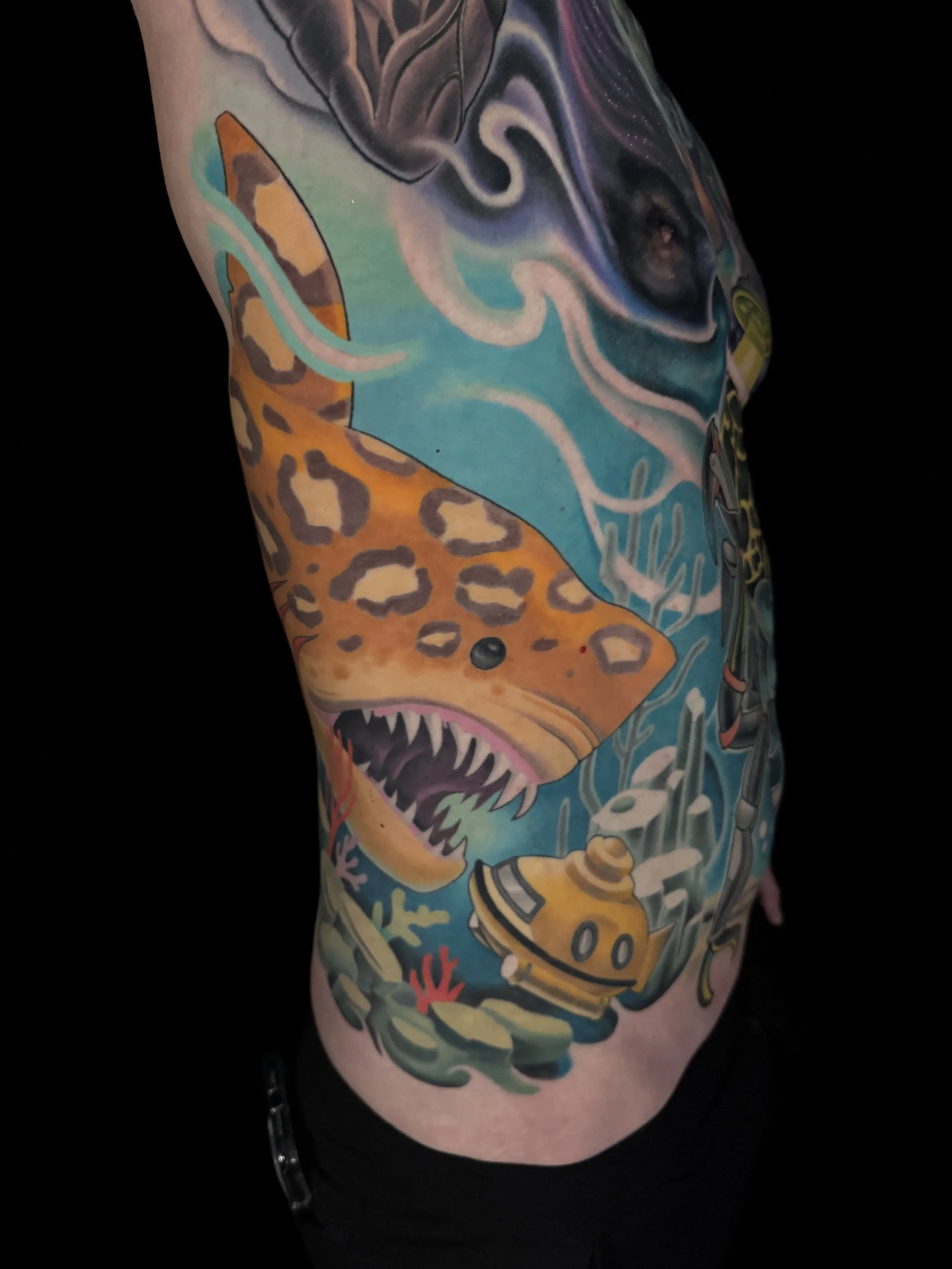 full upper torso color tattoo leopard shark