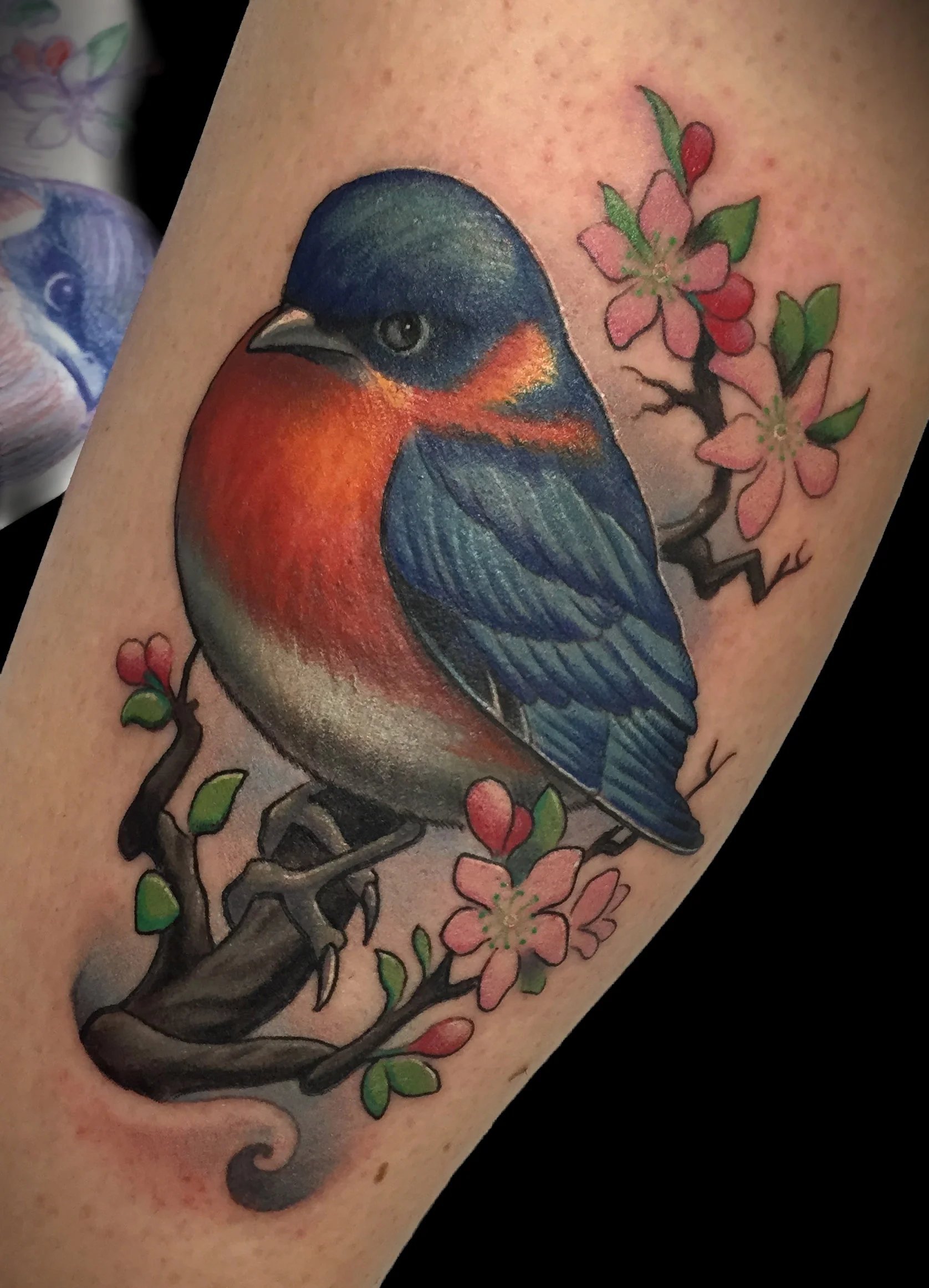 Blue Bird and Flowers Tattoo