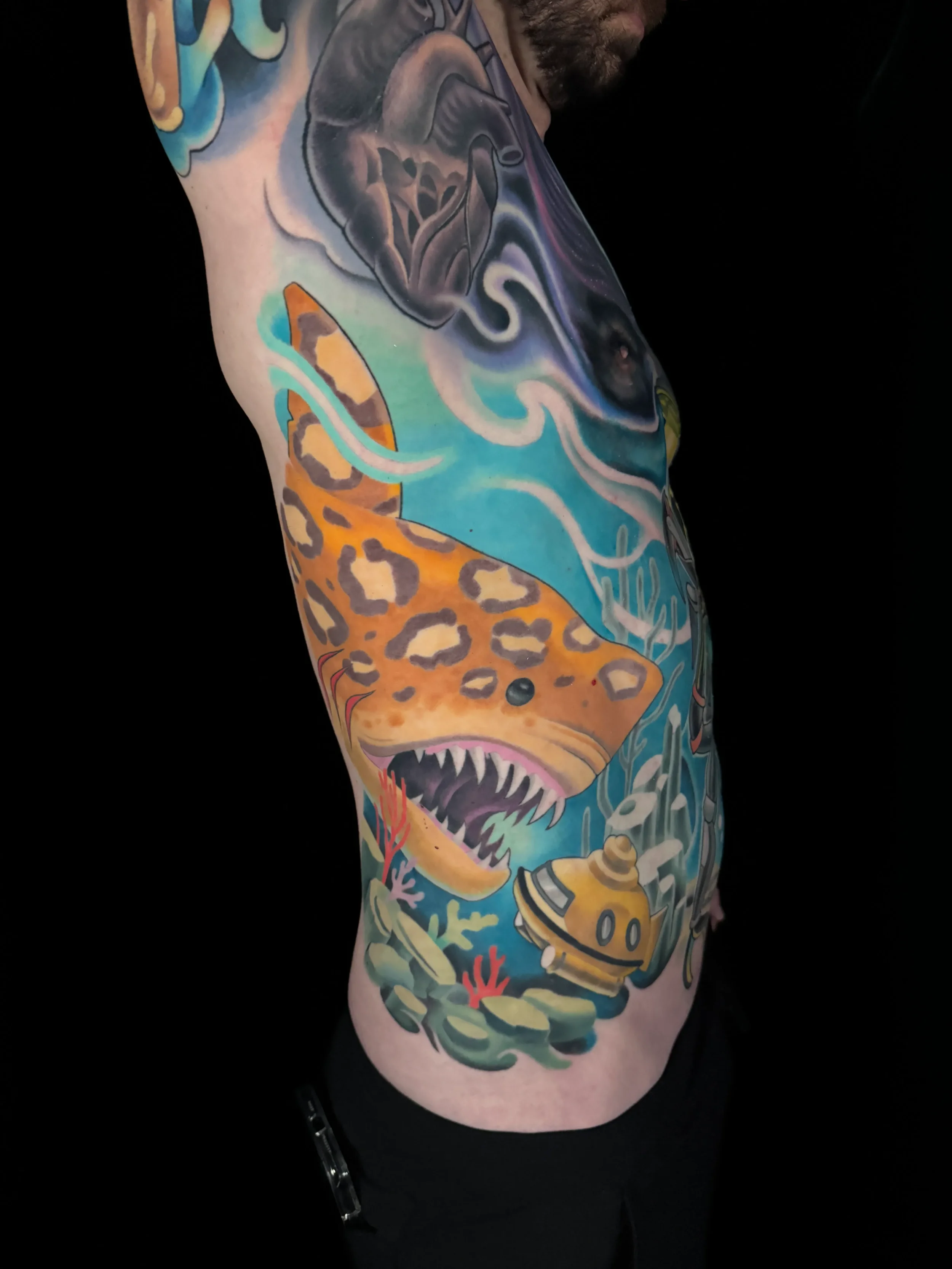 Leopard Shark and Yellow Submarine Rib Piece Tattoo