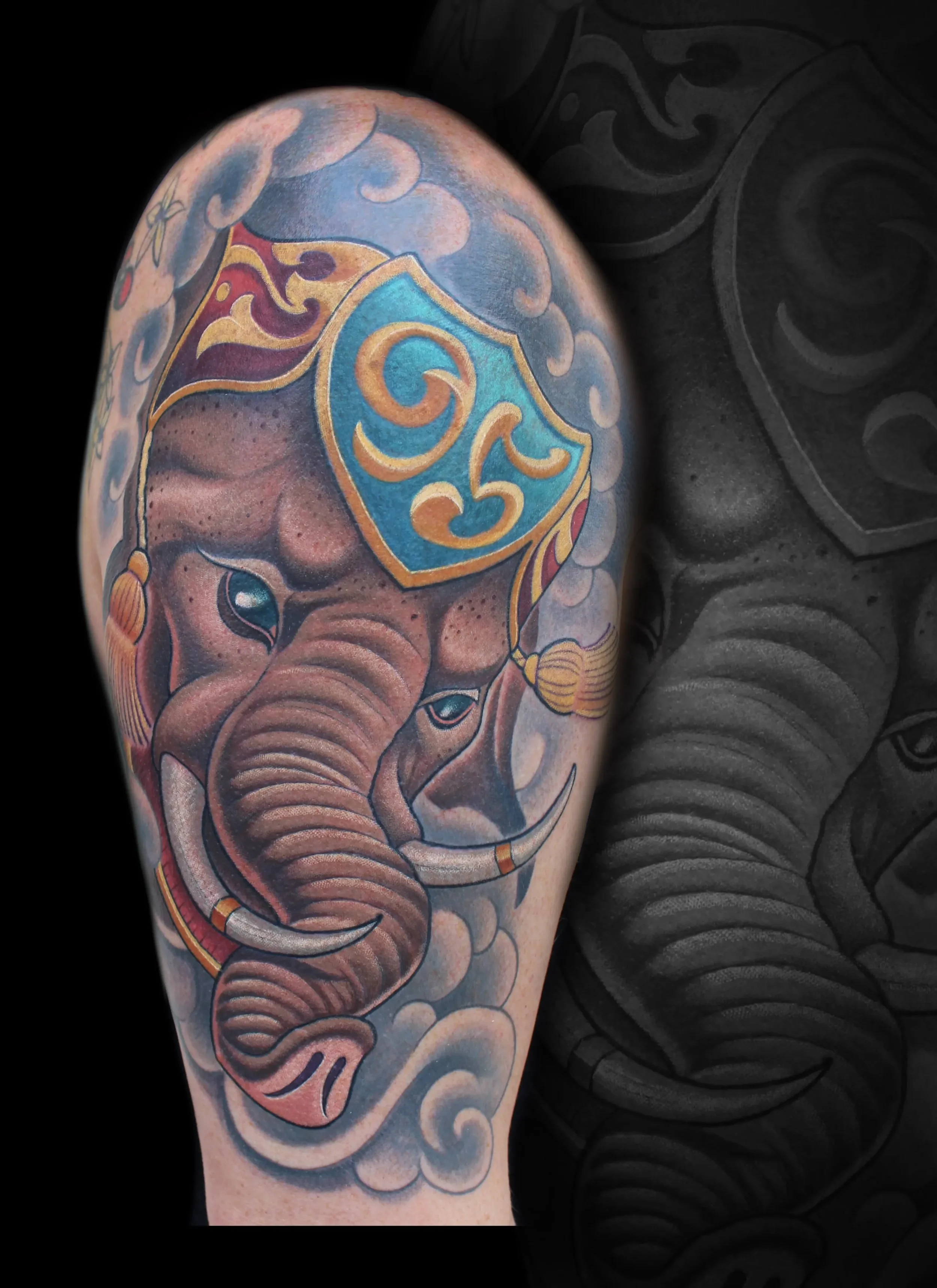 Elephant in a Headdress Half Sleeve Tattoo