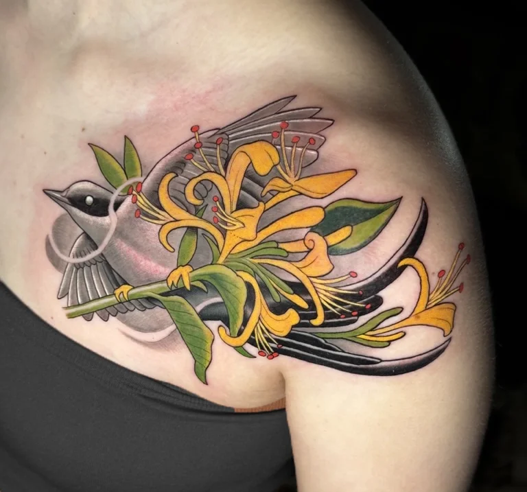 Forktail Flycatcher and Honeysuckle Shoulder Tattoo