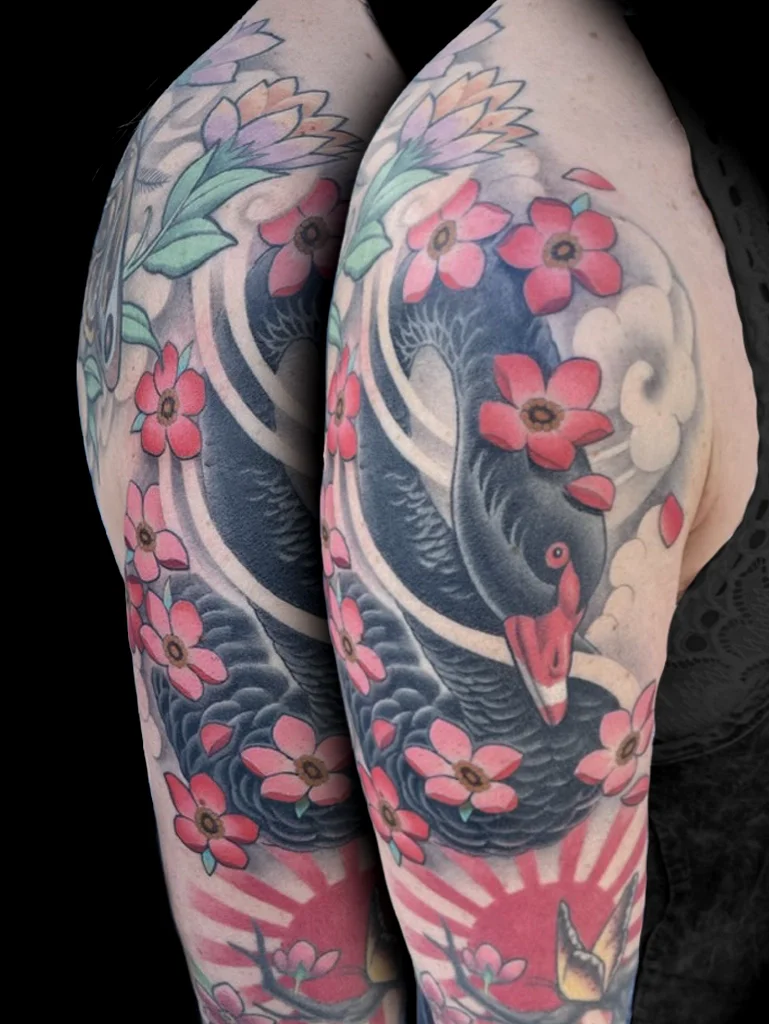 Black Swan and Red Blossoms Tattoo