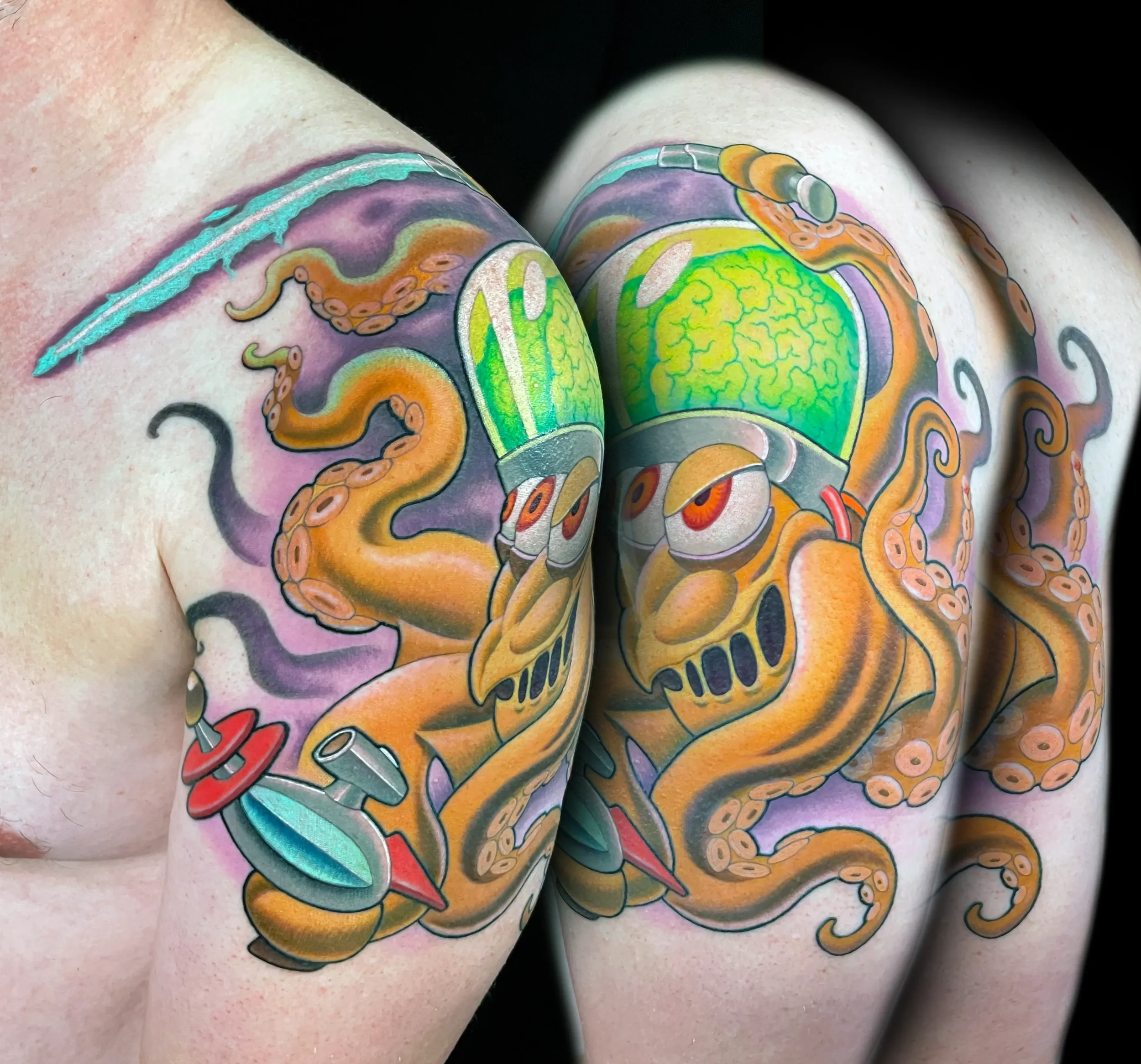 Yellow Tentacled Alien with Blaster and Light Saber Tattoo