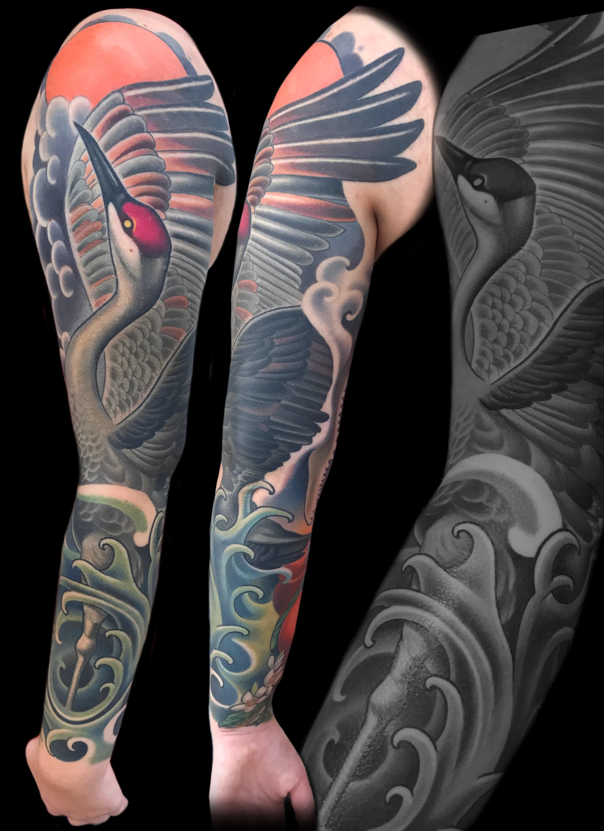 Sandhill Crane and Floridian Motif Full Sleeve Tattoo