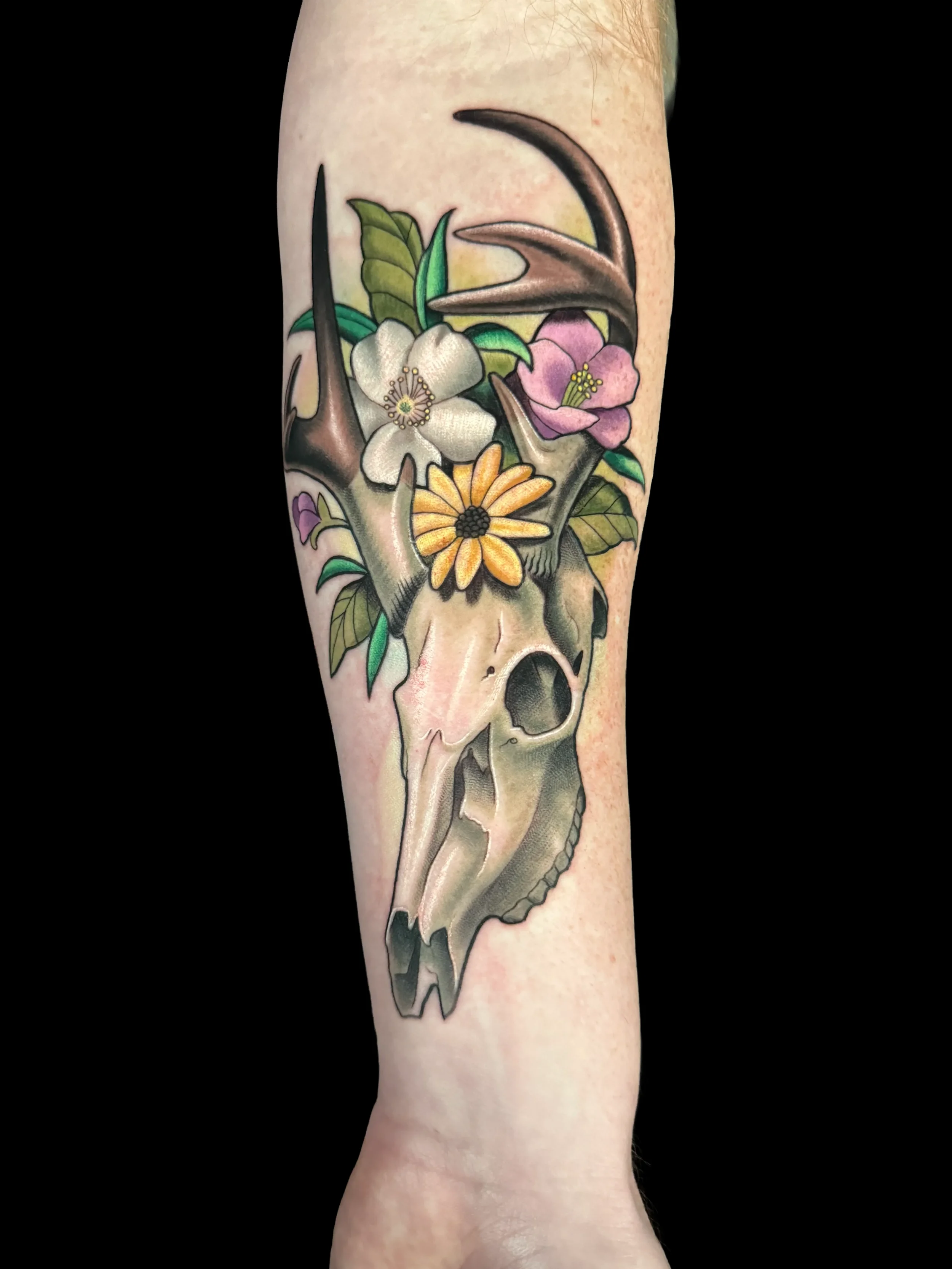 Deer Skull and Flowers Memorial Tattoo