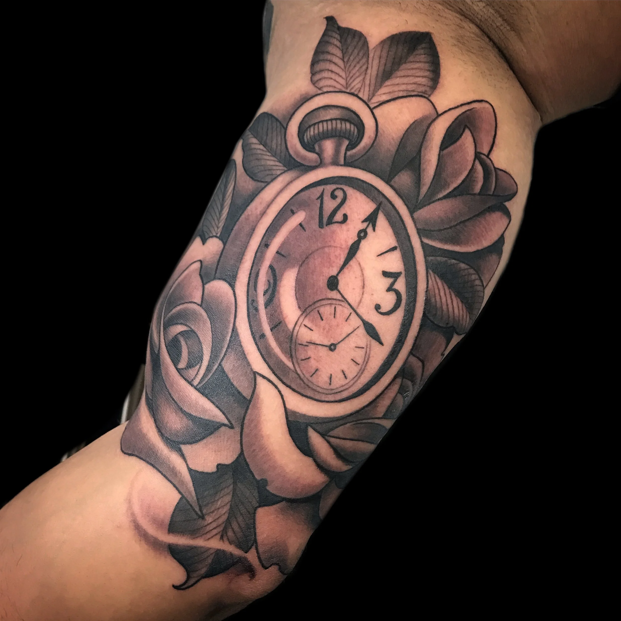 pocket watch and roses tattoo