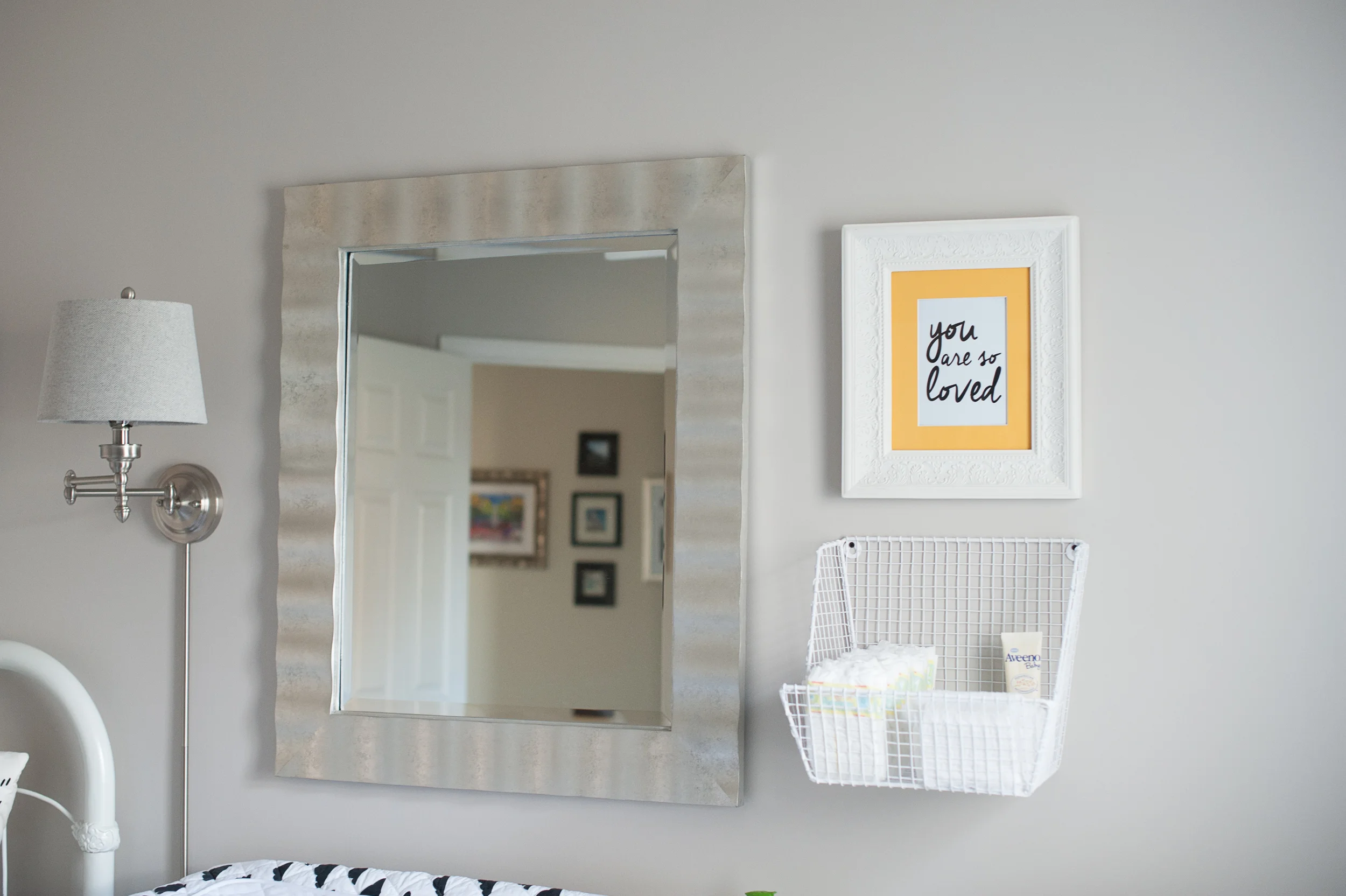 13. lamp from Home Depot, 14. print by SamsSimpleDecor via Etsy , 15. wire hanging basket from Land of Nod