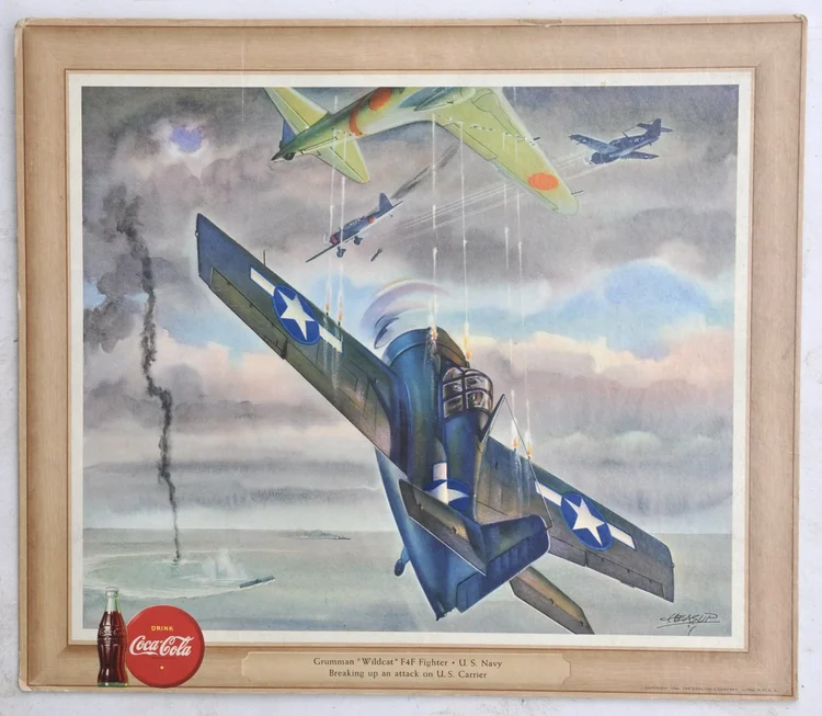 Coca WW2 Soda Fountain Poster- US Navy Hellcat F4F in Dog Fight