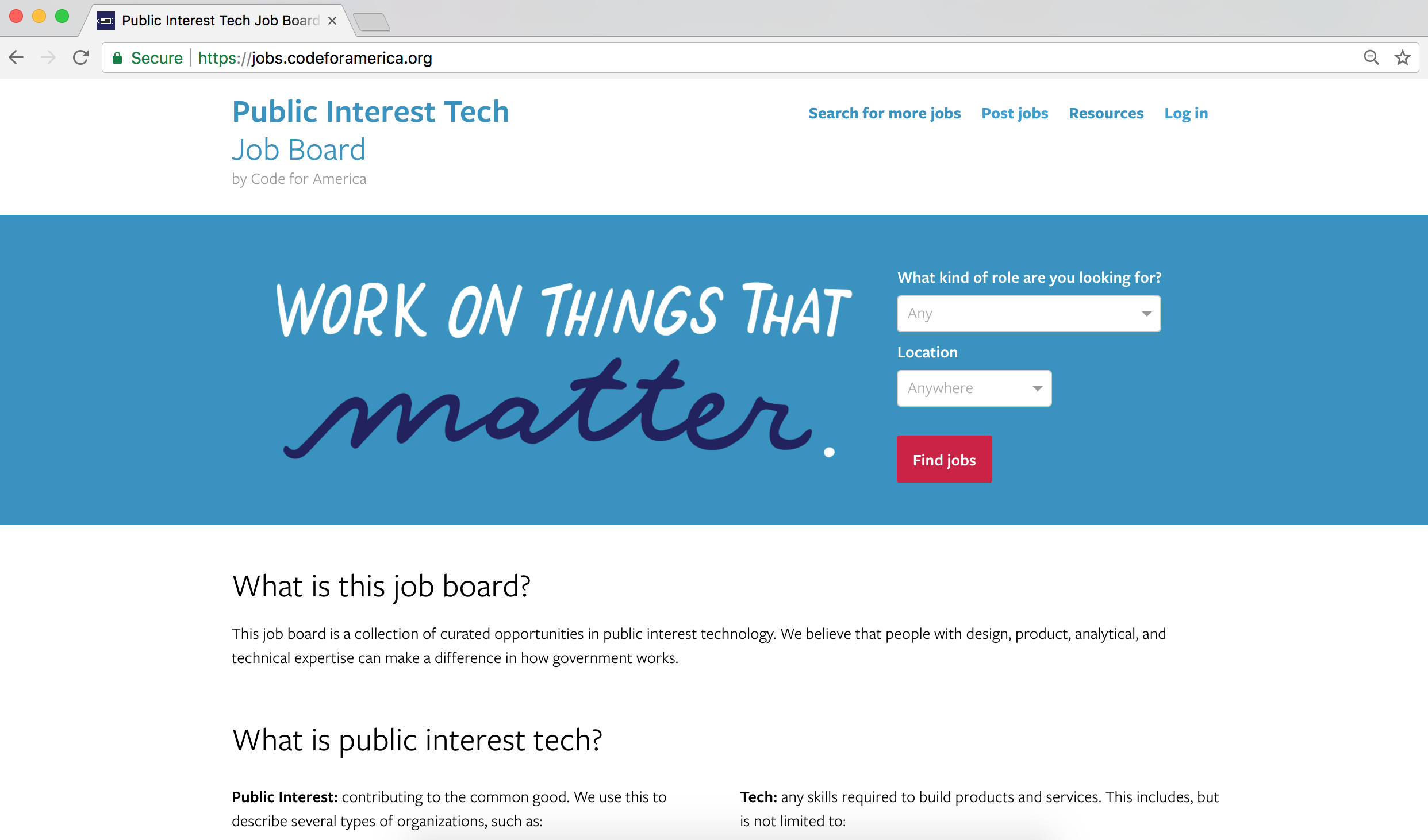 Public interest tech job board: jobs.codeforamerica.org