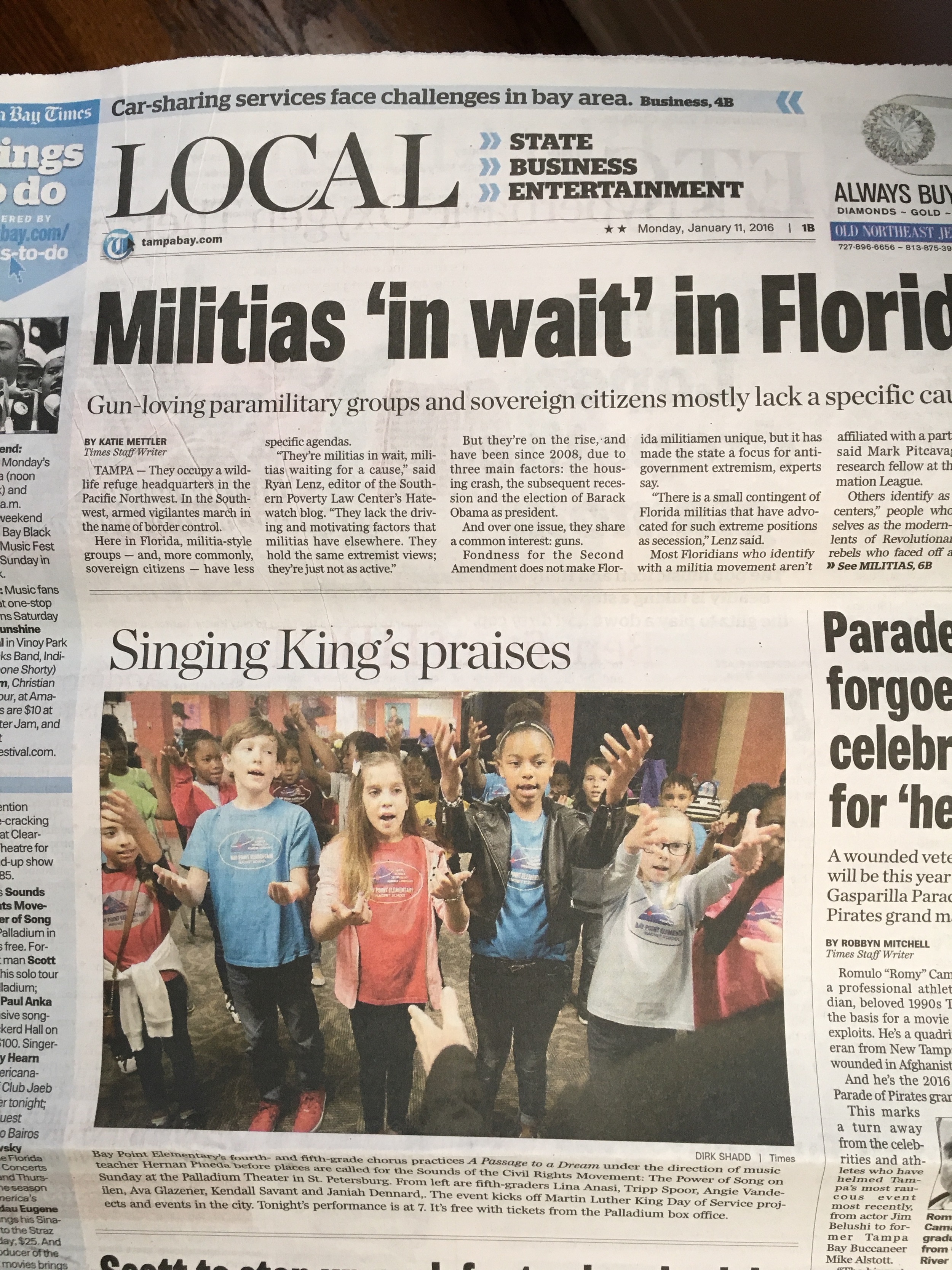 Students from Bay Point Elementary joined the cast of Sounds of the Civil Rights Movement: The Power of Song 2016 and were featured in this photograph in the Tampa Bay Times. The photo shows the students at The Palladium Theater where the performances were held.