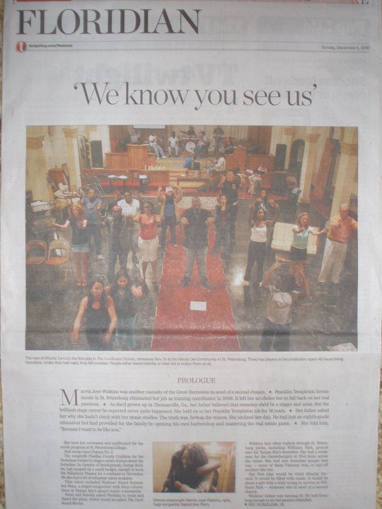 The Cardboard Stories was featured prominently in the Tampa Bay Times' feature section, Floridian as the production came to stage in 2010. The Power of Song Inc. now has the rights to produce the play, written by Marvia Joye Waktins Williams with music created by September Penn.