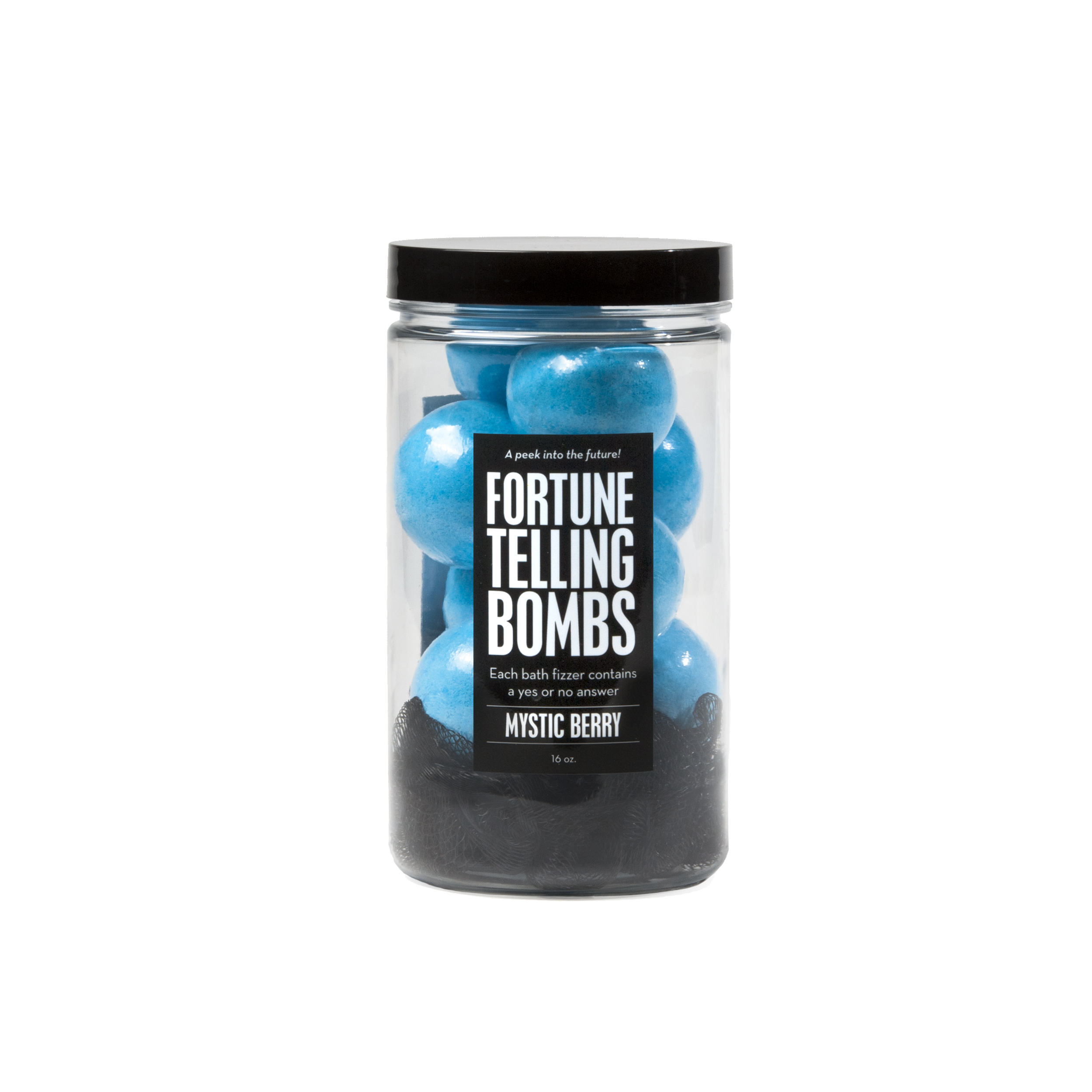 Fortune Telling Bombs Jar with blue mini bath bombs and a black loofah, scented as mystic berry