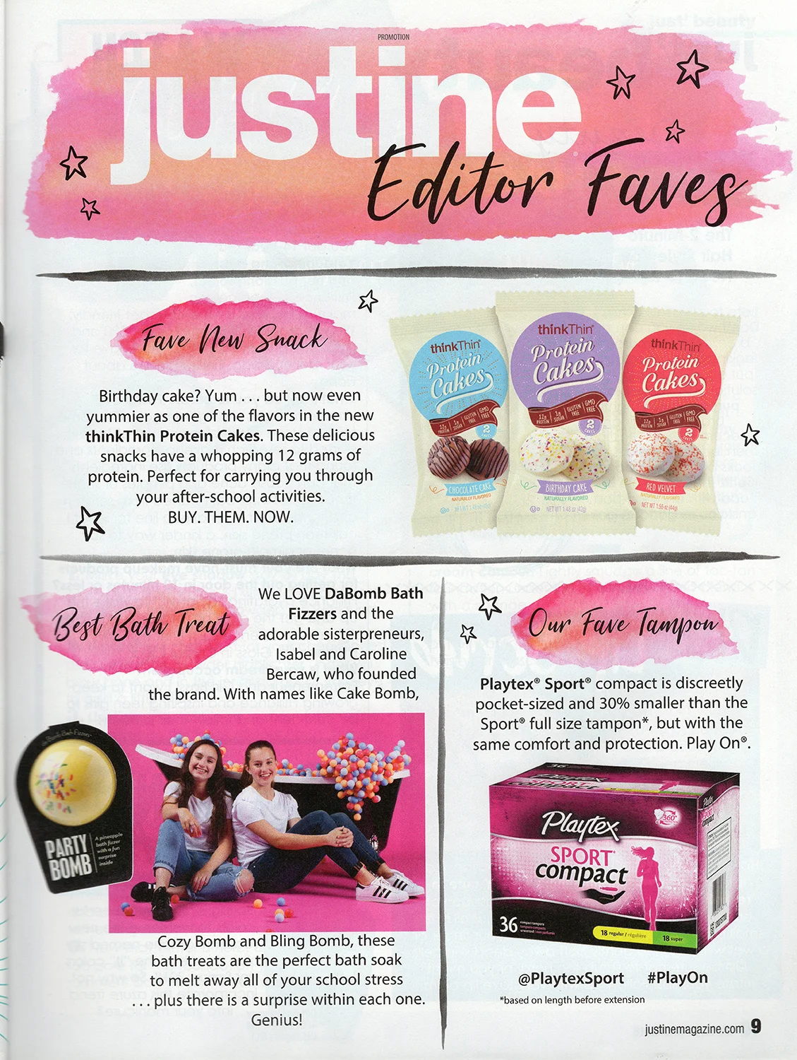 Da Bomb Bath Fizzers sisters and yellow party bomb in Justine magazine Editor Faves feature as best bath treat.