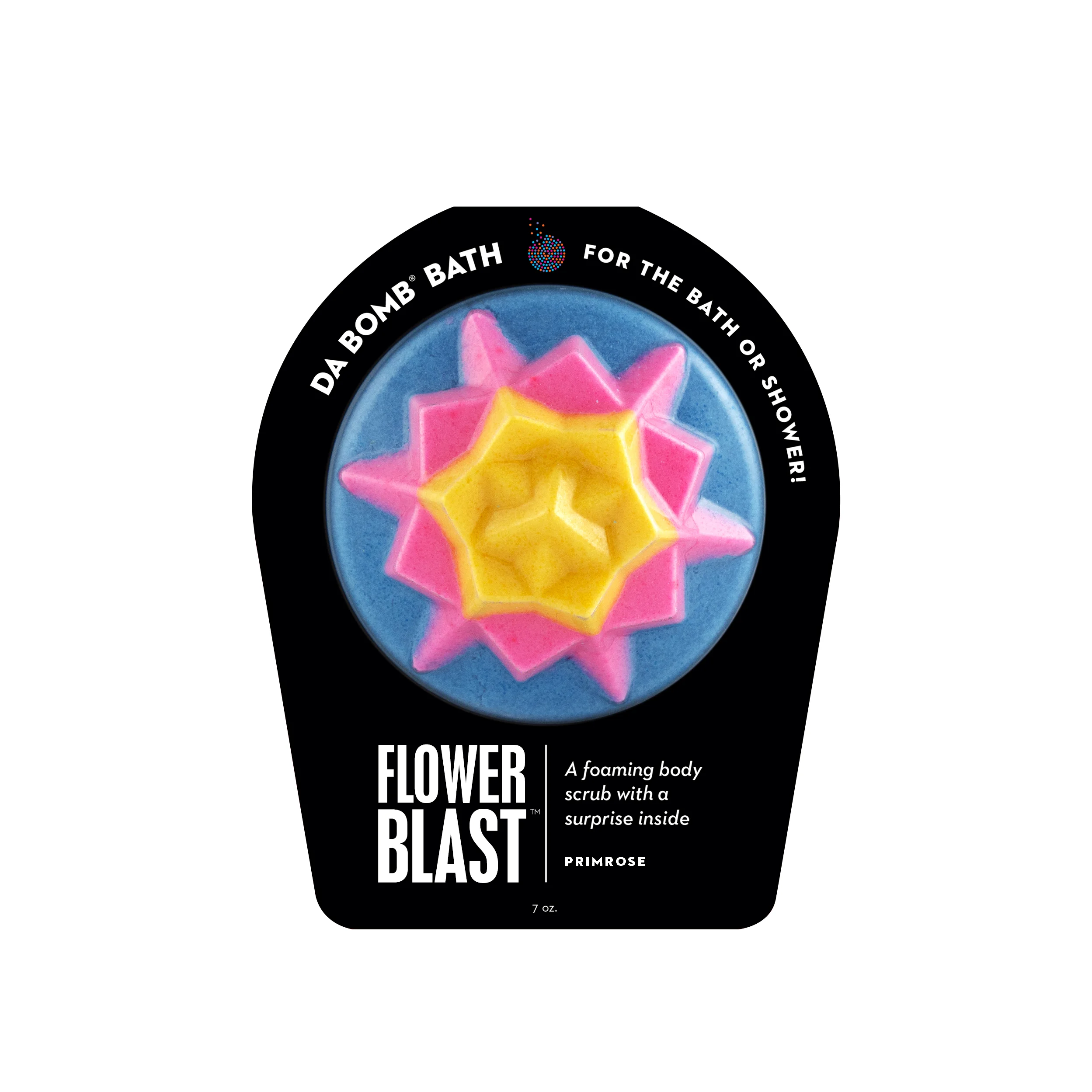 Blue, pink, and yellow Flower Blast with a surprise inside, scented as primrose