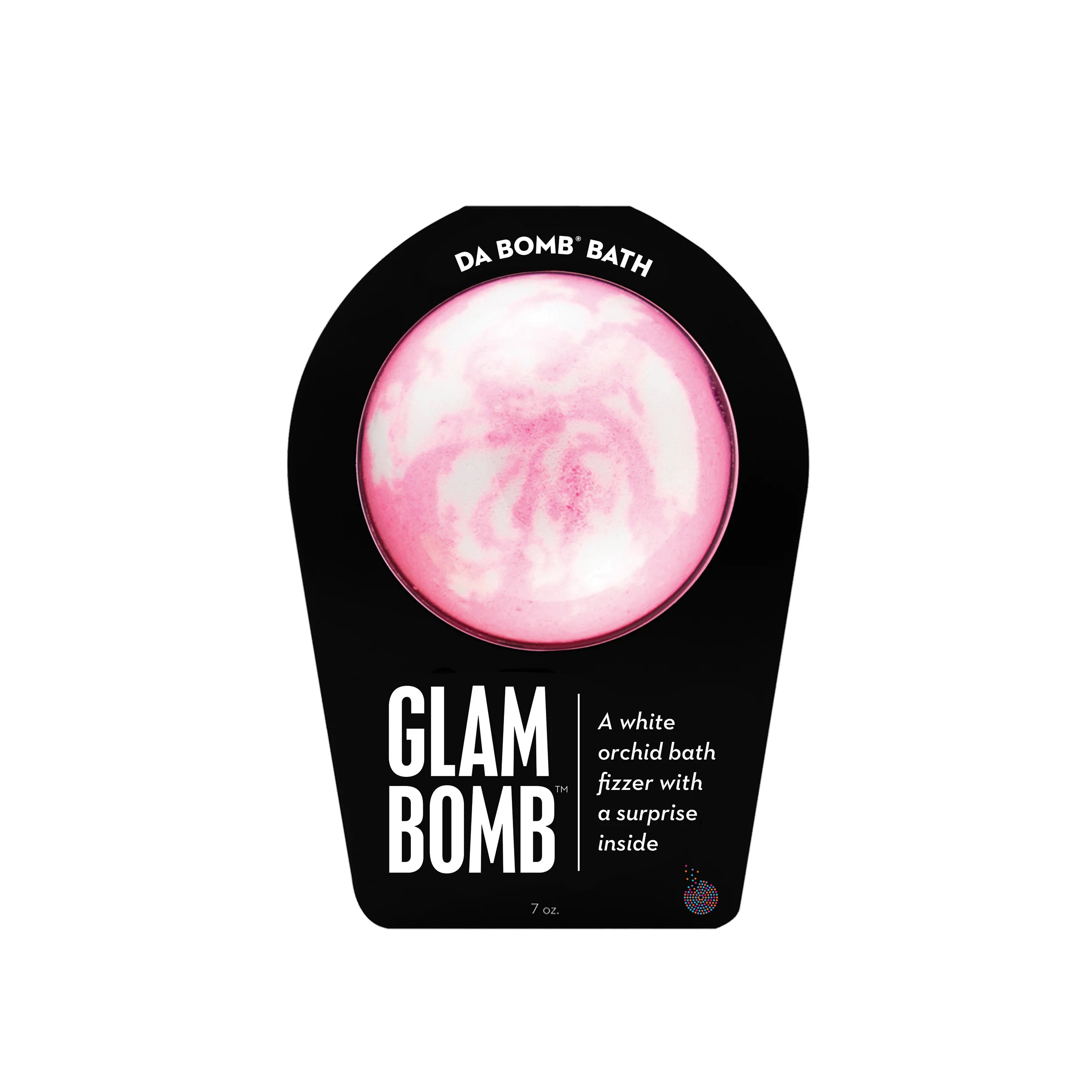 Pink with white swirl bath bomb, scented as white orchid, in signature black packaging. Bath bomb contains a fun surprise inside.