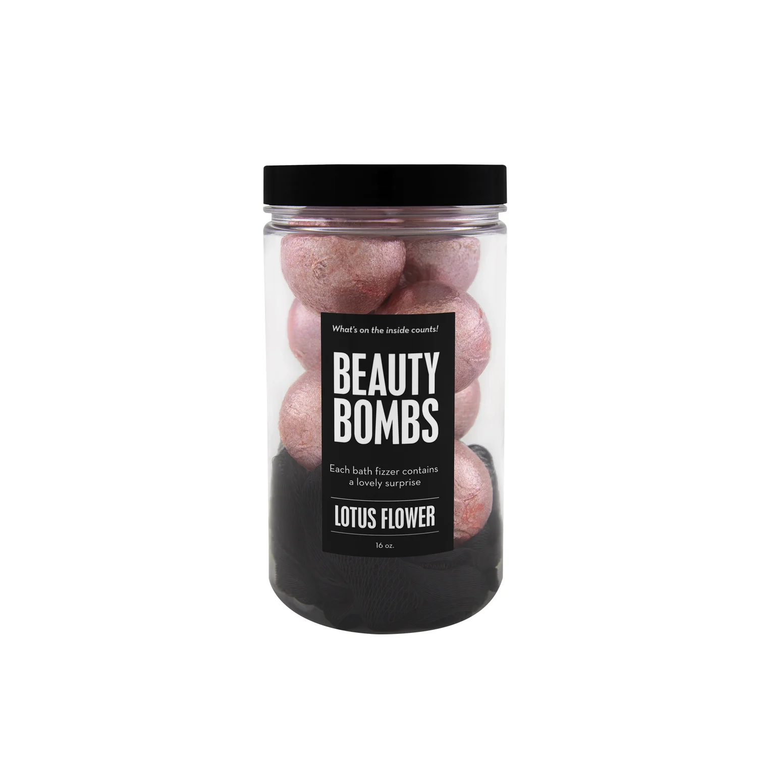 Clear, plastic jar containing eight mini, sparkly pink lotus scented bath bombs and a black mesh loofah. Each bath bomb contains a surprise.