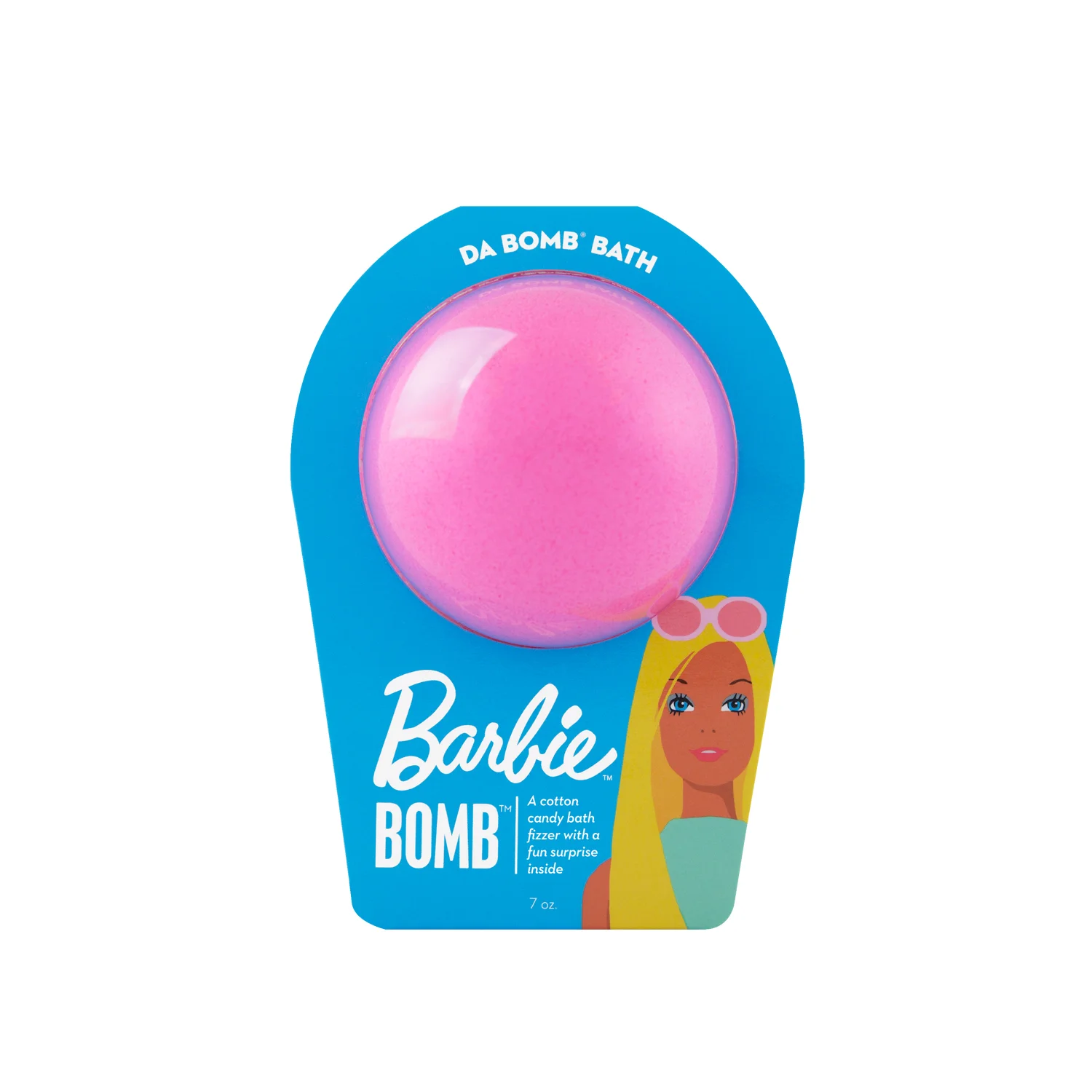 Pink bath bomb, with a surprise inside, scented as cotton candy in blue Barbie packaging. The packaging has Malibu Barbie printed on it.