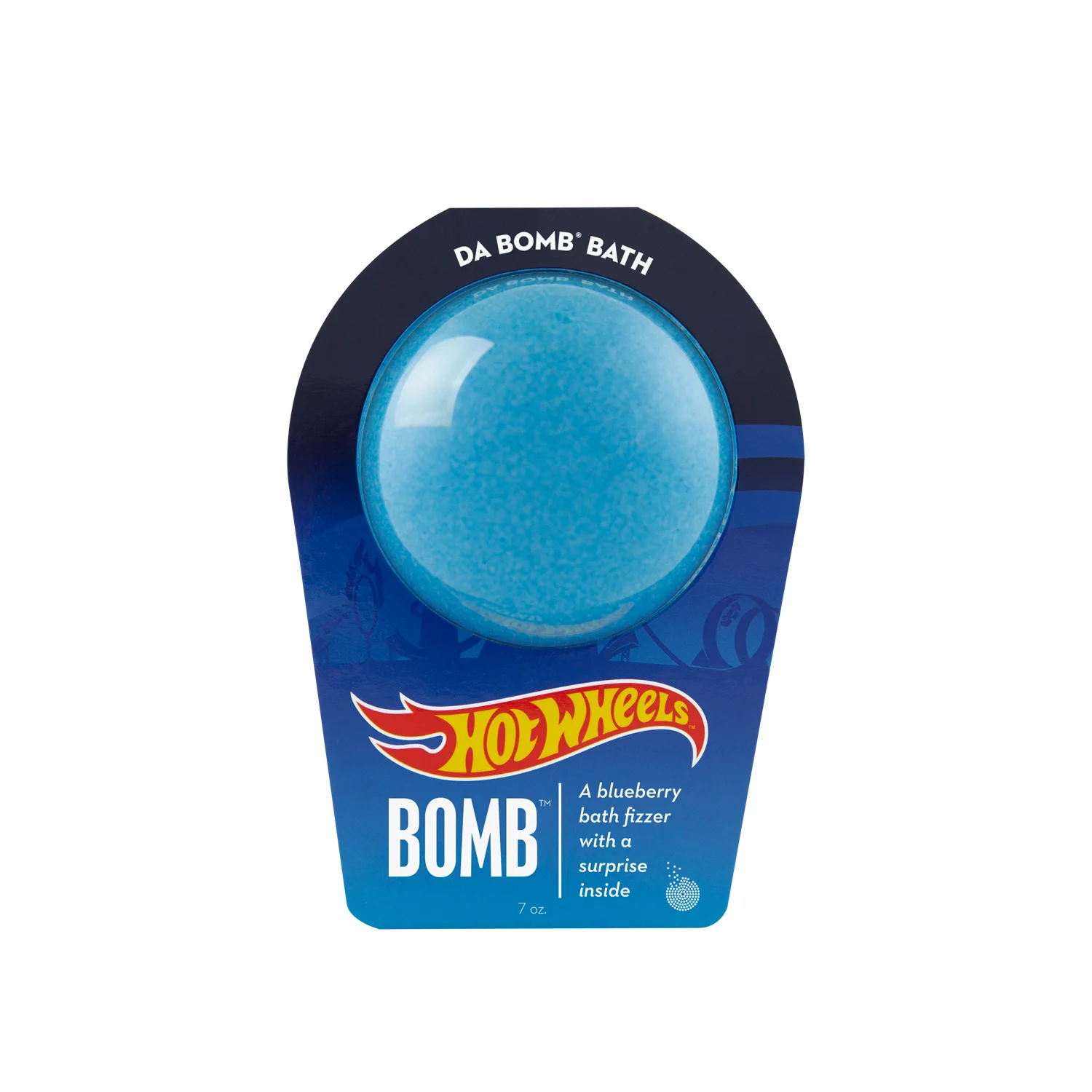 Blue bath bomb scented as blueberry in Hot Wheels packaging