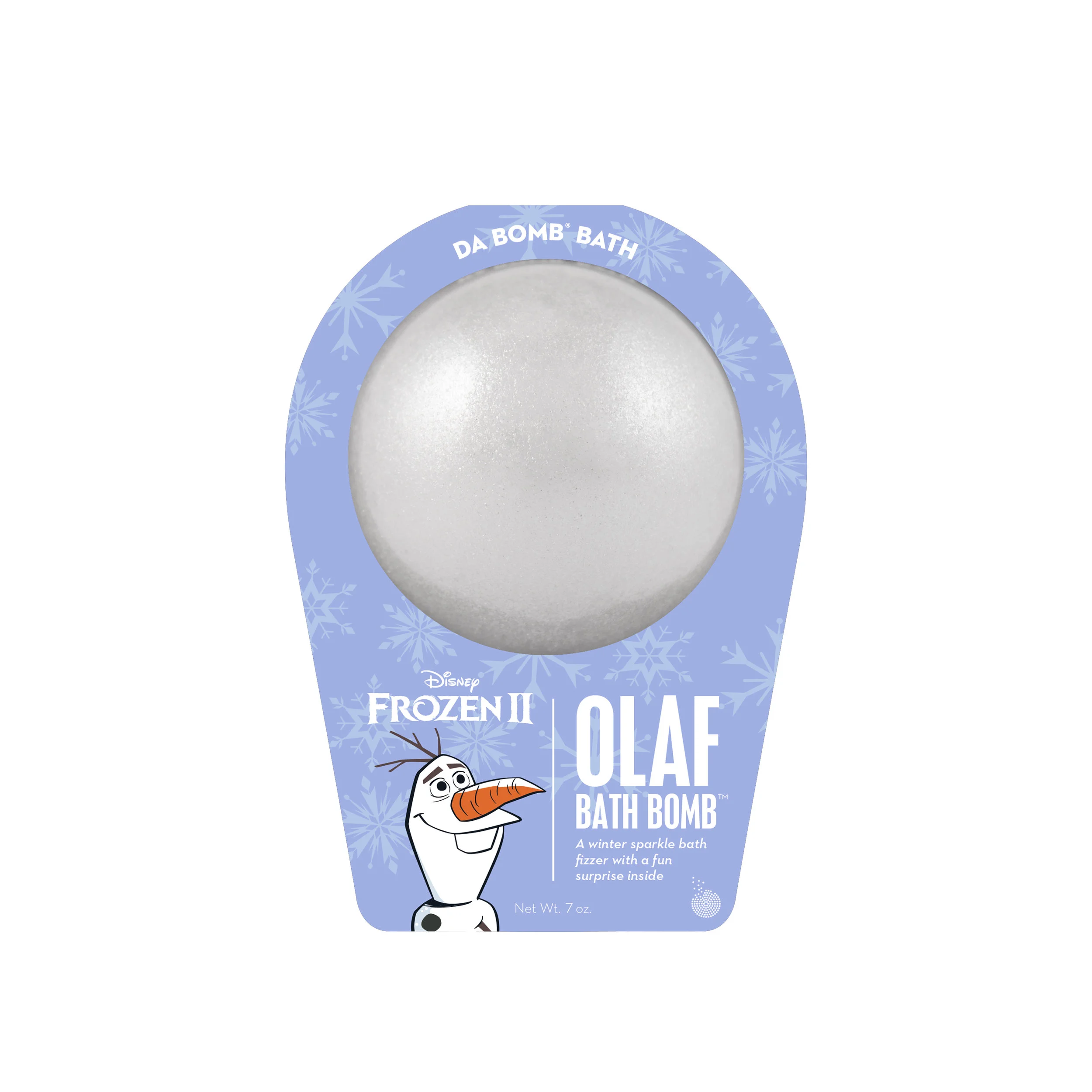 Frozen 2 Olaf bath bomb that is silver, white with mica and scented as winter sparkle.