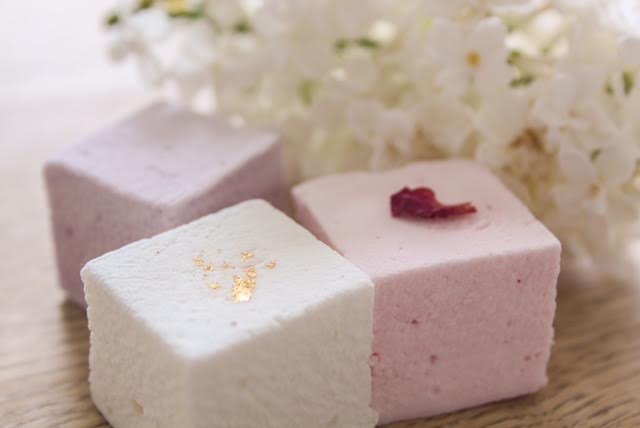 Elderflower & Champagne with pure gold leaf; Rose Petal and Violette Marshmallows