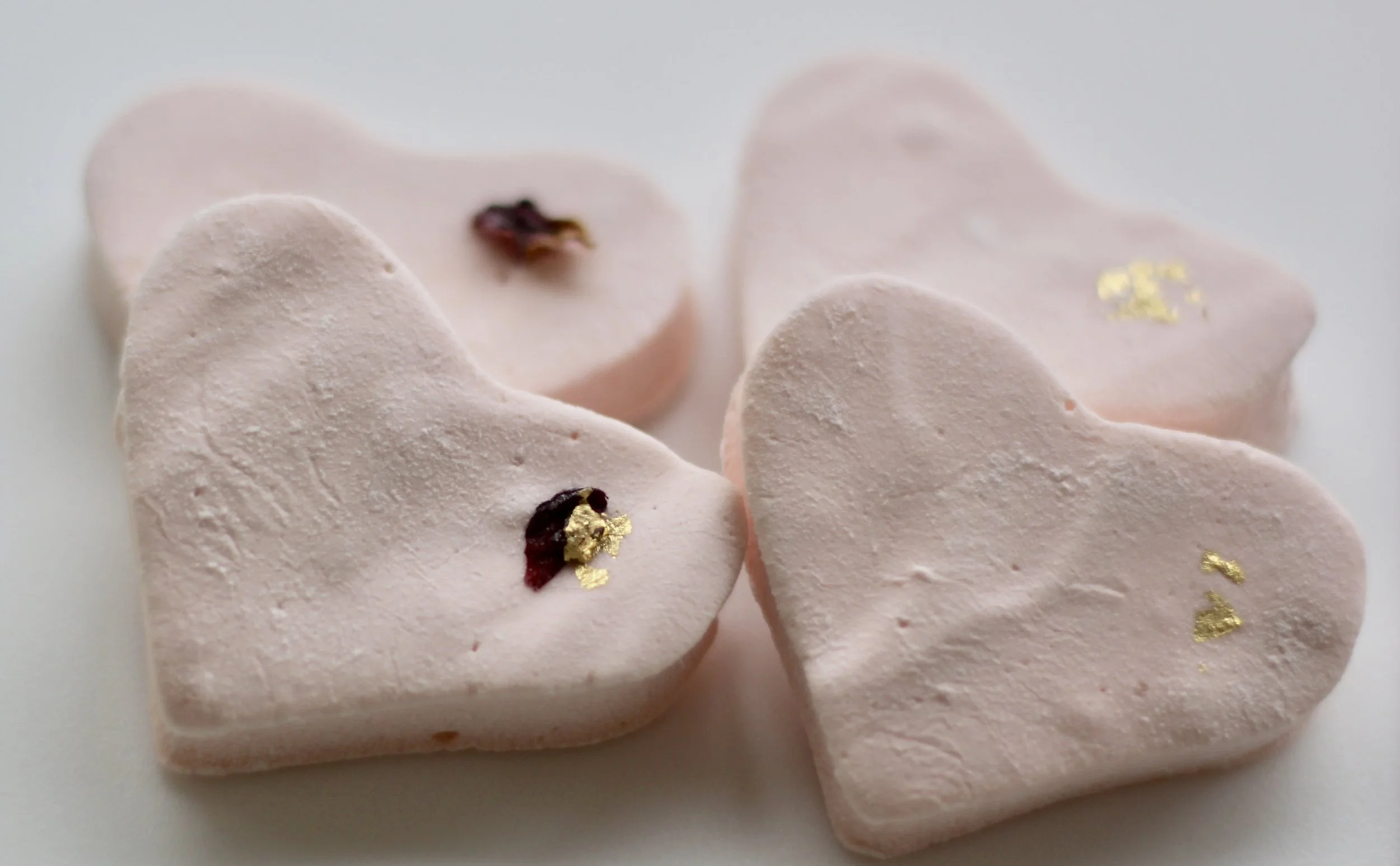 Blush Rose Petal Heart Marshmallows - close-up of the rose petal and pure gold leaf decoration