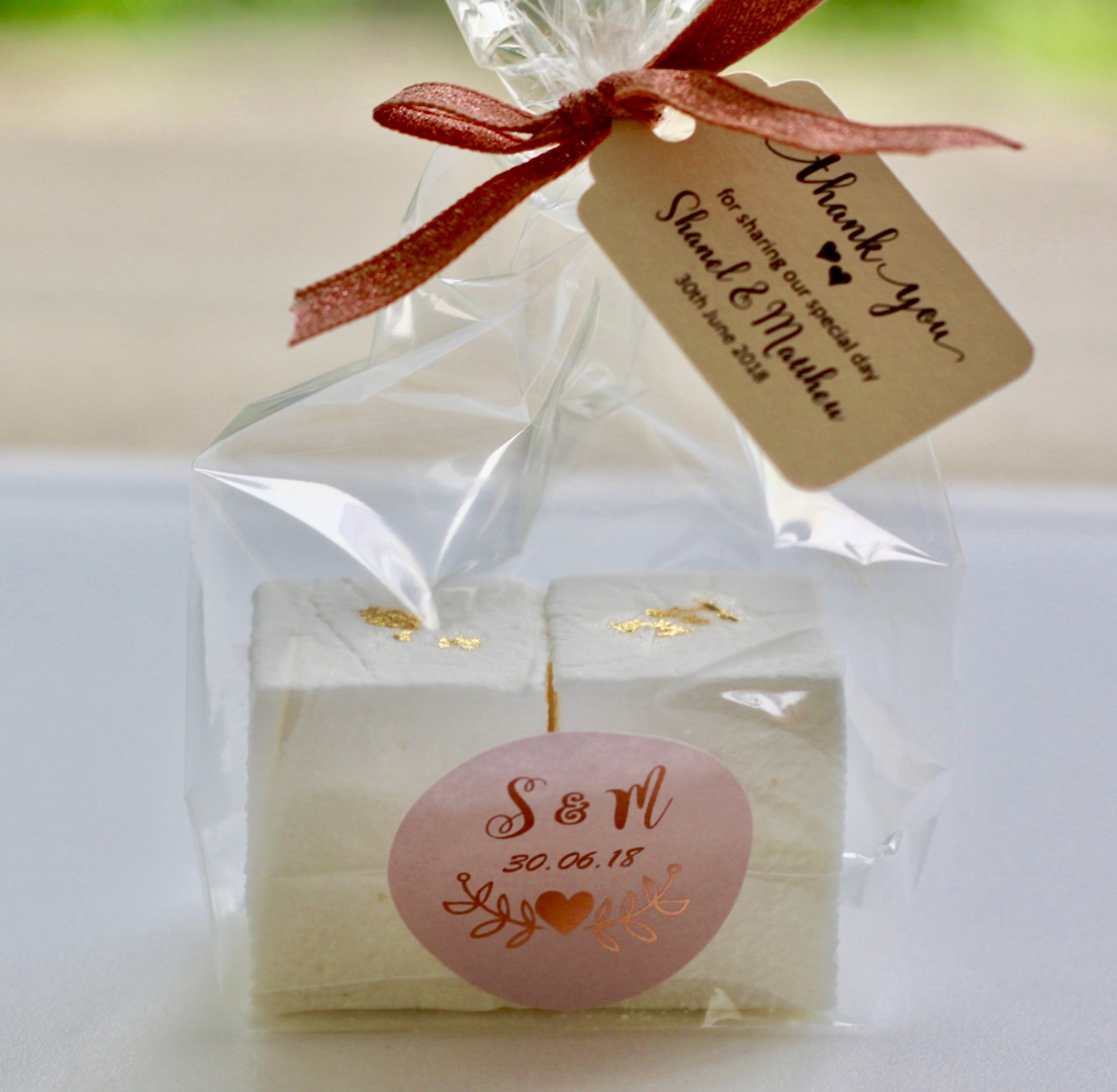 Wedding favours personalised with an individual message and hand tied with a ribbon to suit your wedding vibe