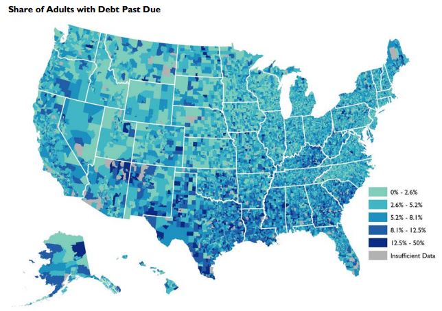 A new report from The Urban Institute finds 5.3% of Americans have debt past due; the share is higher in the South. 