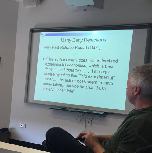 Returning to the topic of methods and evidence-based policy, two images popped up in my Twitter thread this week that I couldn't get out of my head. One is a snippet from a peer reviewer of the social science replication paper highlight above, explaining why it was not published in Nature or Science even though it was replications of papers from those journals. And second is a picture taken from a talk John List was giving this week about his career. You have to ask, does science advance via replication or via funerals? Via Brian Nosek and Ben Grodeck respectively.