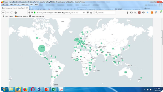 A map of the current location for authors of World Development articles created by editor-in-chief Arun Agrawal . I find it surprisingly diverse, especially considering this doesn't count where the author is originally from, just where they are currently are. I'm not sure how to think about the difference between those two metrics. Source .