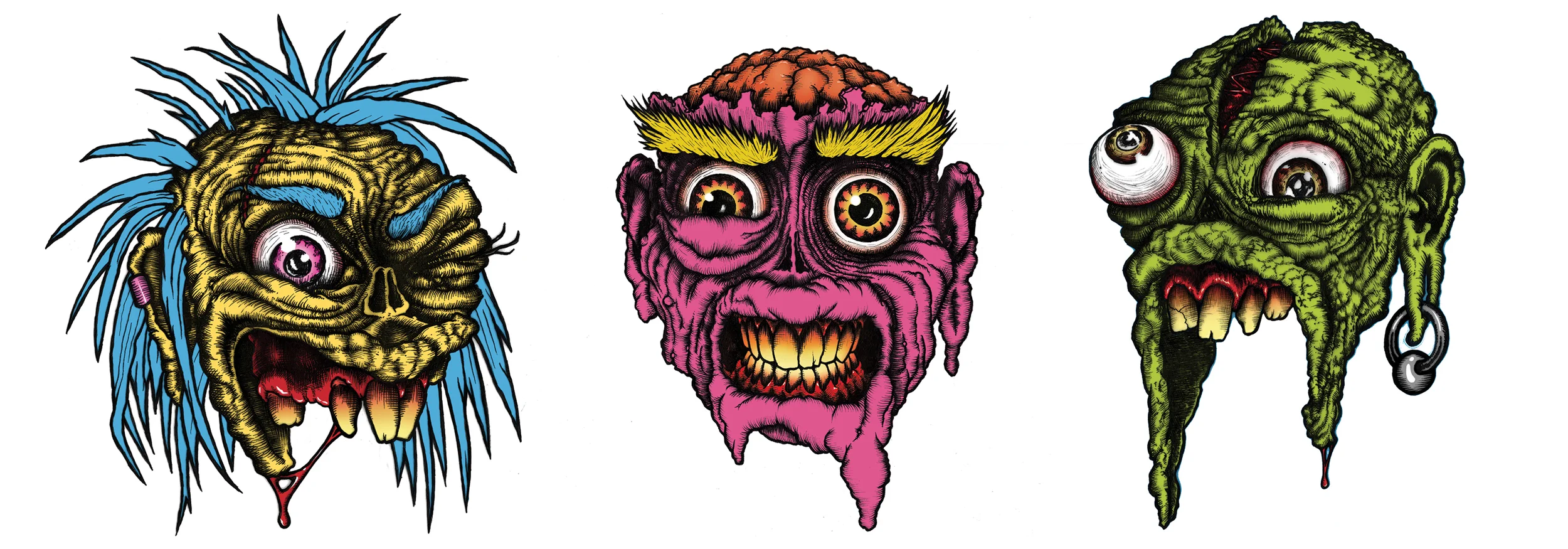 ZOMBIE HEADS, PEN & INK ON VELLUM, DIGITAL COLOR