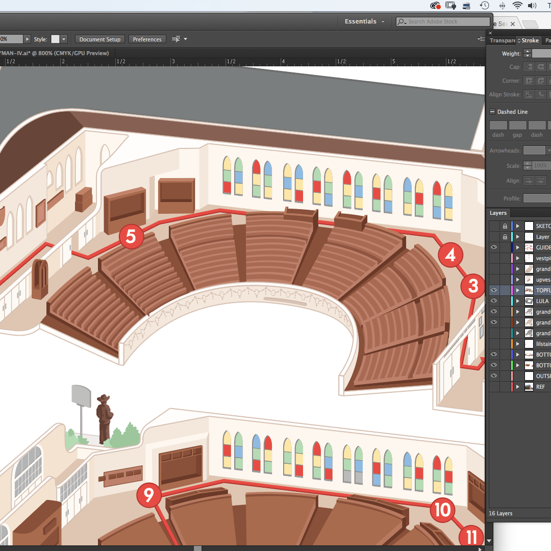 Placing the final details - those pews took forever! Note the well-organized layers: super important!