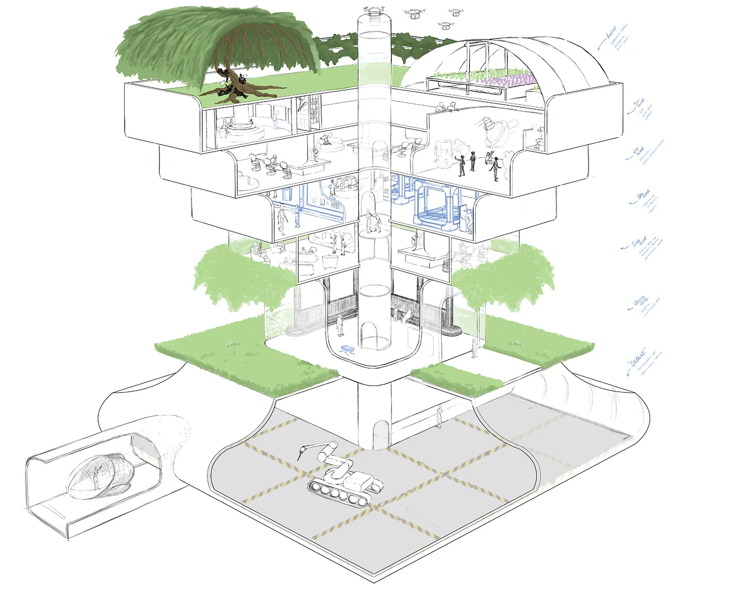 Here is the rough draft, laying out the contents of each floor and beginning to play with colors and details.