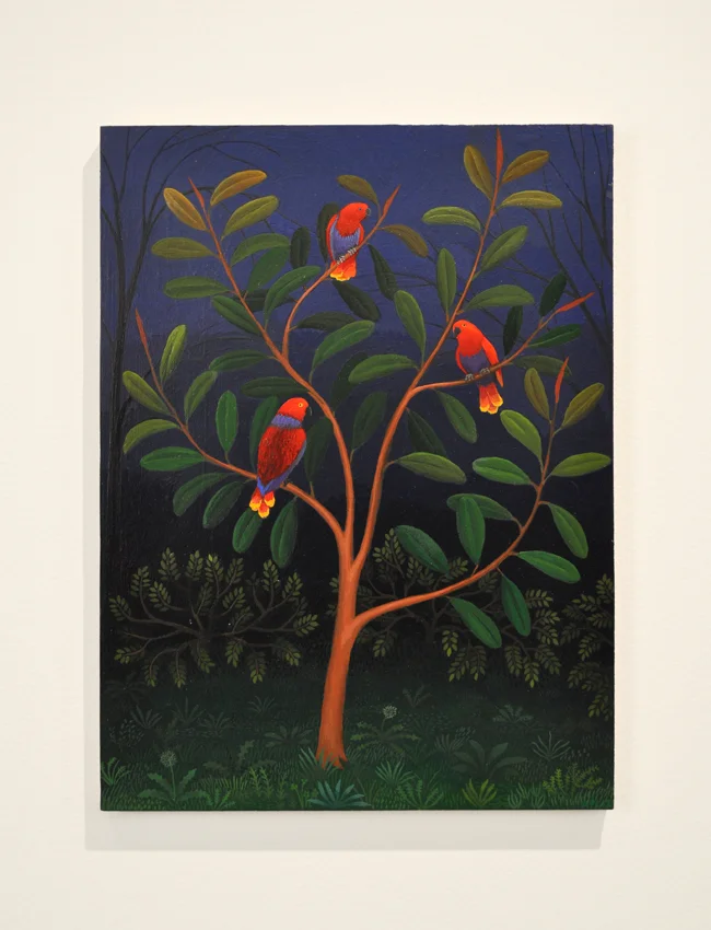 Amy Lincoln, Three Eclectus Parrots , 2012, Acrylic on panel, 14 x 10 1/2 inches