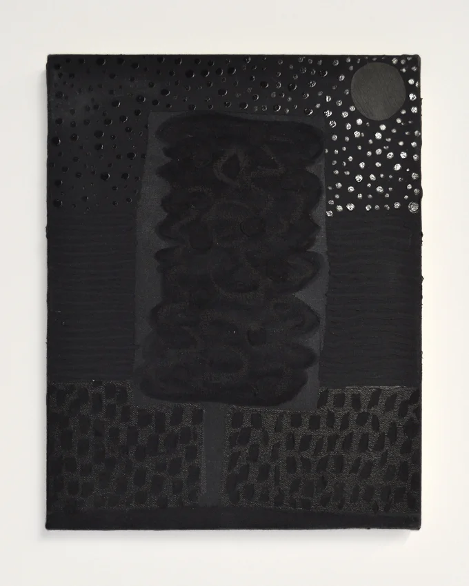 Austin Eddy, Lonesome Tree , 2013, Caulking, cut paper, oil, acrylic, ink, and enamel on canvas, 14 x 11 inches