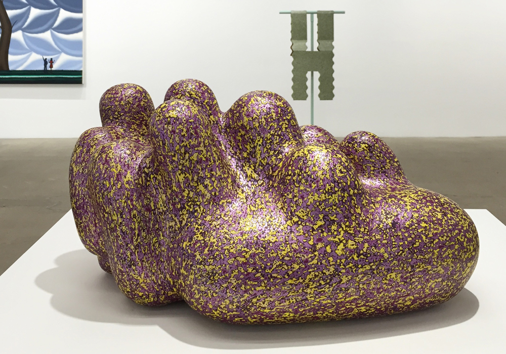 Installation view with Ken Price’s Tubby (2011), Diane Simpson’s Vest (scalloped) (2010), and Roger Brown’s Bonsai #5, Literati (Bunjing) (1997); Bonsai #5 , Maccarone, NY. (Photo: Chris Murtha)