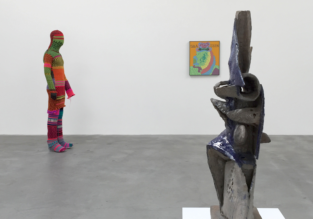 From left to right: Forcefield's P Lobe Autumn Shroud (2002), Karl Wirsum's Gilateen (1968), and Peter Voulkos' Blue and Gray (1959); What Nerve! , Matthew Marks Gallery, NY. (Photo: Chris Murtha)