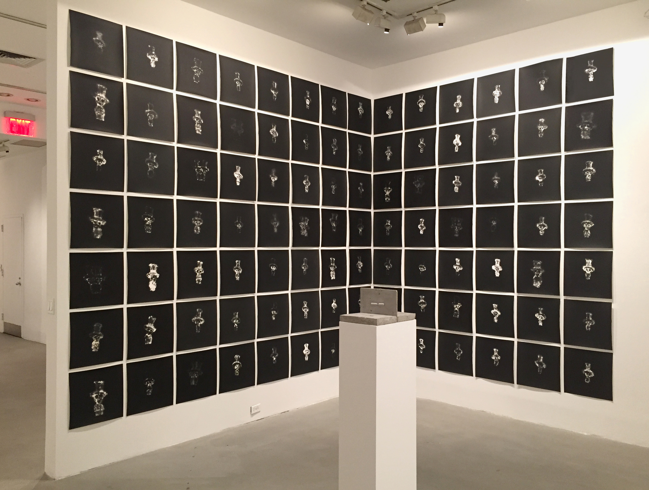 Above: Installation view of "David Nelson" with Untitled (Train Man, Brother: Doppelgänger) , c. 1997, and Untitled , c. 1992; Below: Detail from Untitled (Train Man, Brother: Doppelgänger) .