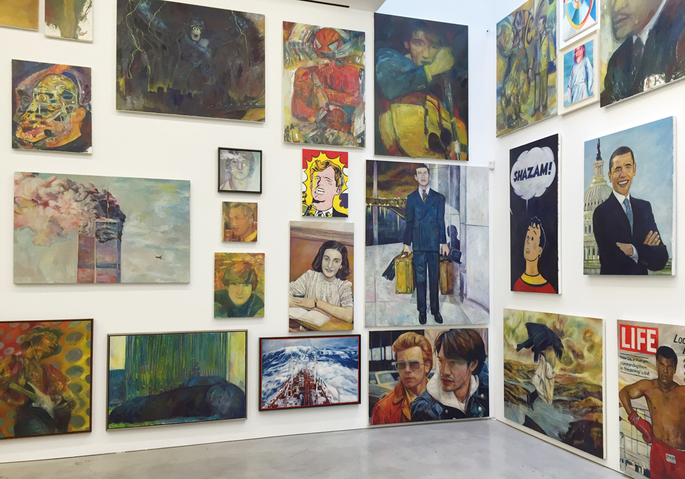 Top: High School Senior Portrait, 1984 , 2014, oil on linen, 44 x 35 inches; Bottom: Installation view, Keith Mayerson, “My American Dream,” Marlborough Chelsea, NY.