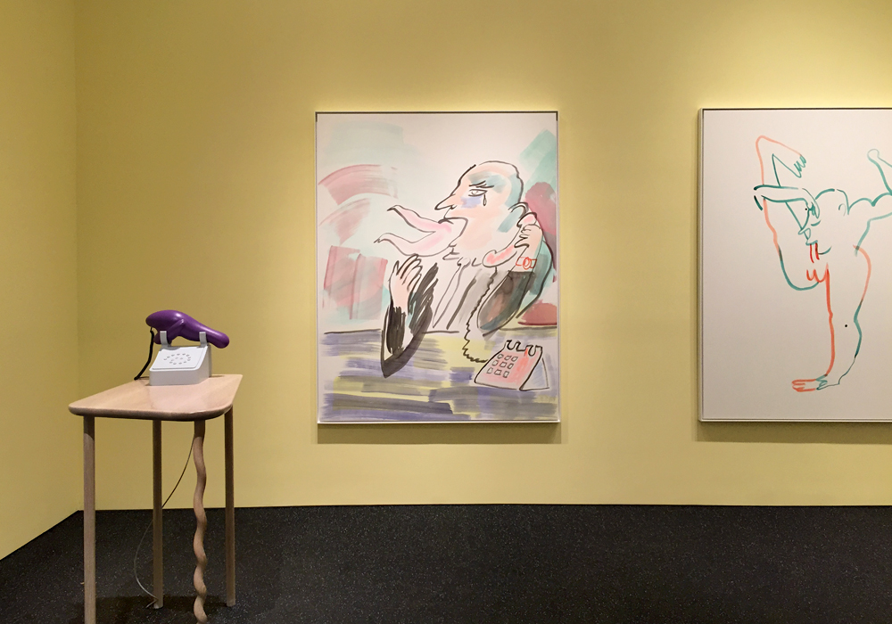 Top: Is He Cheating , 2015, three-dimensional resin print with video and telephone components, 37 7/8 x 9 1/2 x 3 1/4 inches; Bottom: Installation view, “Camille Henrot,” Metro Pictures Gallery, NY.
