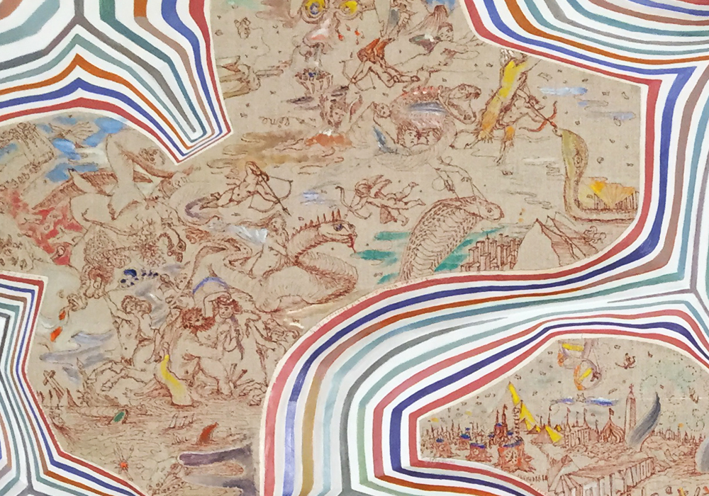 Top: Grand St. Boogie Woogie , 2014-15, water-based paint, archival ink, graphite, and wood, 82 x 60 inches; Bottom: Linen Last Judgement (V) / Saltan Sea (detail), 2015, water-based paint, archival ink, graphite, linen, and wood, 72 x 54 1/2 inches; Zach Harris, “Must Chill,” Feuer/Mesler, NY.