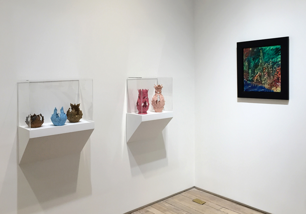 Top: Untitled , 1978, Oil on cardboard, 29 1/2 x 13 1/2 inches; Middle: To The Endless Span of Creation (detail), 1954, Oil on board, 24 x 24 inches; Bottom: Installation view, Eugene Von Bruenchenhein, King of Lesser Lands , March 24 – May 8, 2016, Andrew Edlin Gallery, NY. (Photos: Chris Murtha)