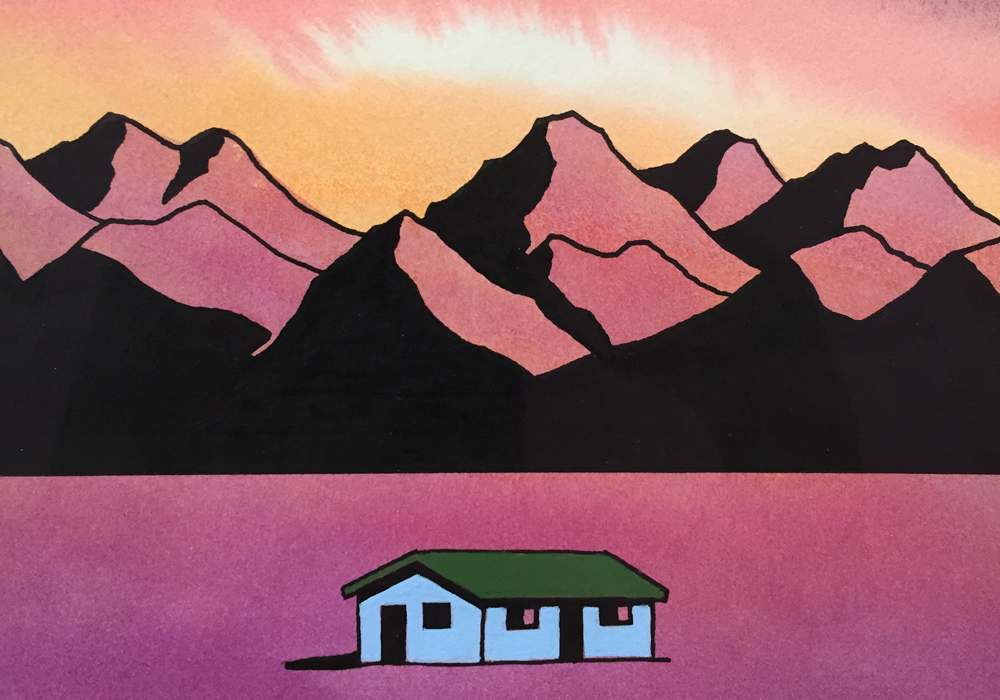 Top: Car Plunge (detail), 1994, Acrylic and ink on paper, 14 x 11 1/4 inches; Bottom: All Alone (detail), 2007, Acrylic and ink on paper, 9 x 6 inches.