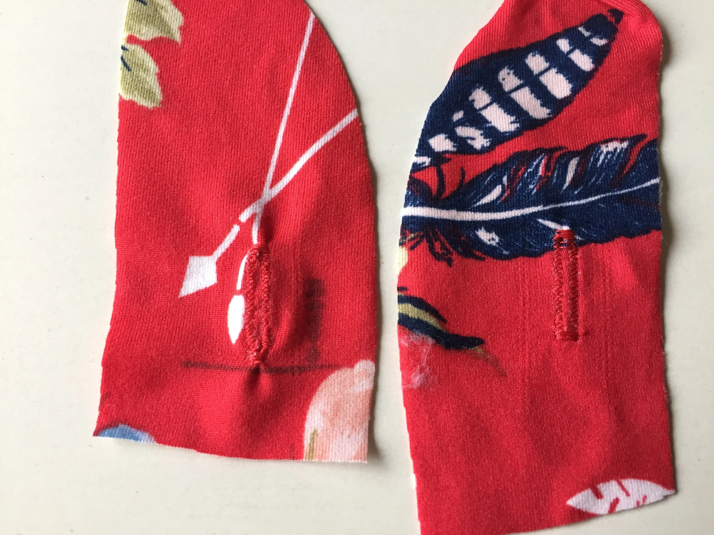 Pictured: Left fabric is without stabilizer. Right fabric is with stabilizer. Button holes created using Brother CS6000i sewing machine.