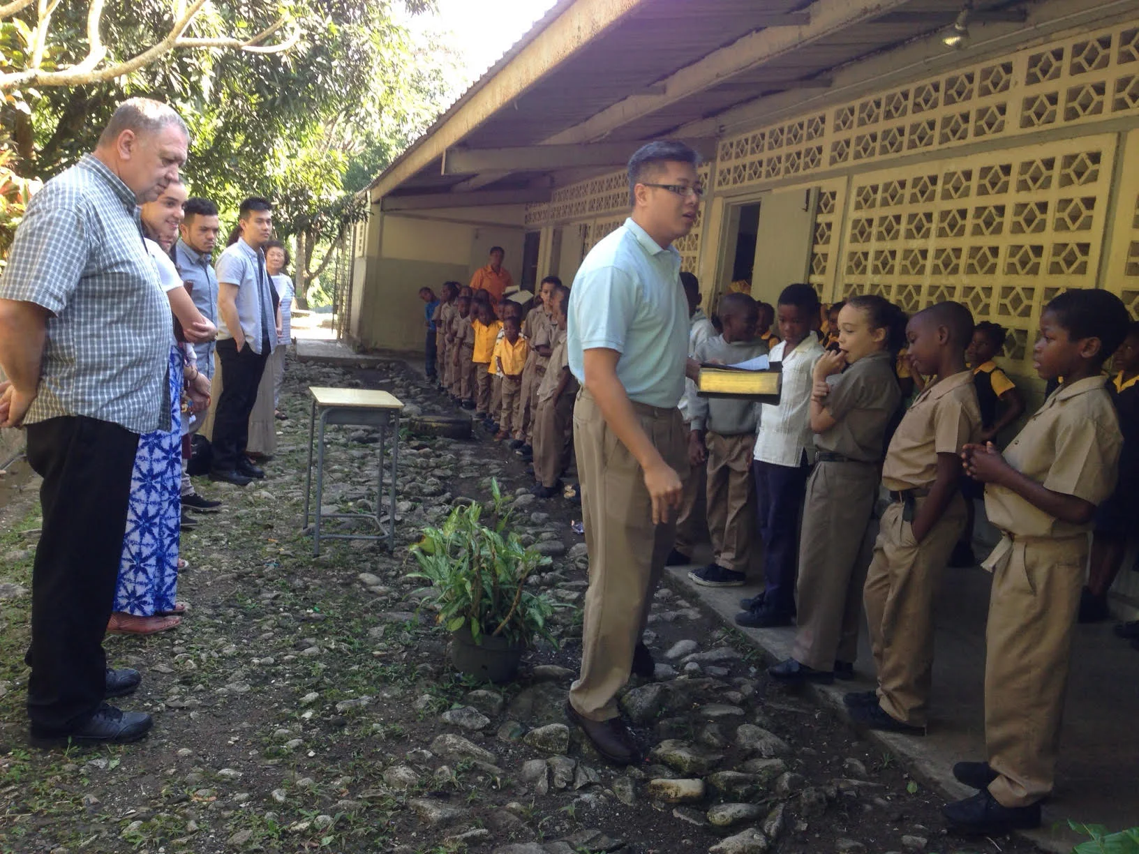 Tom at morning devotions at Tranquility school.