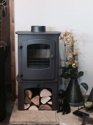 Charnwood Cove 1, with Log Store, brown colour option, as displayed in our showroom