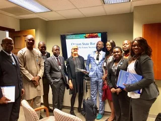 World Oregon hosted professionals from eight African countries and visited Henkels Law LLC to discuss renewable energy, recycling, sustainability, and interdisciplinary collaboration with the OSB Sustainable Future Section. November 2018.