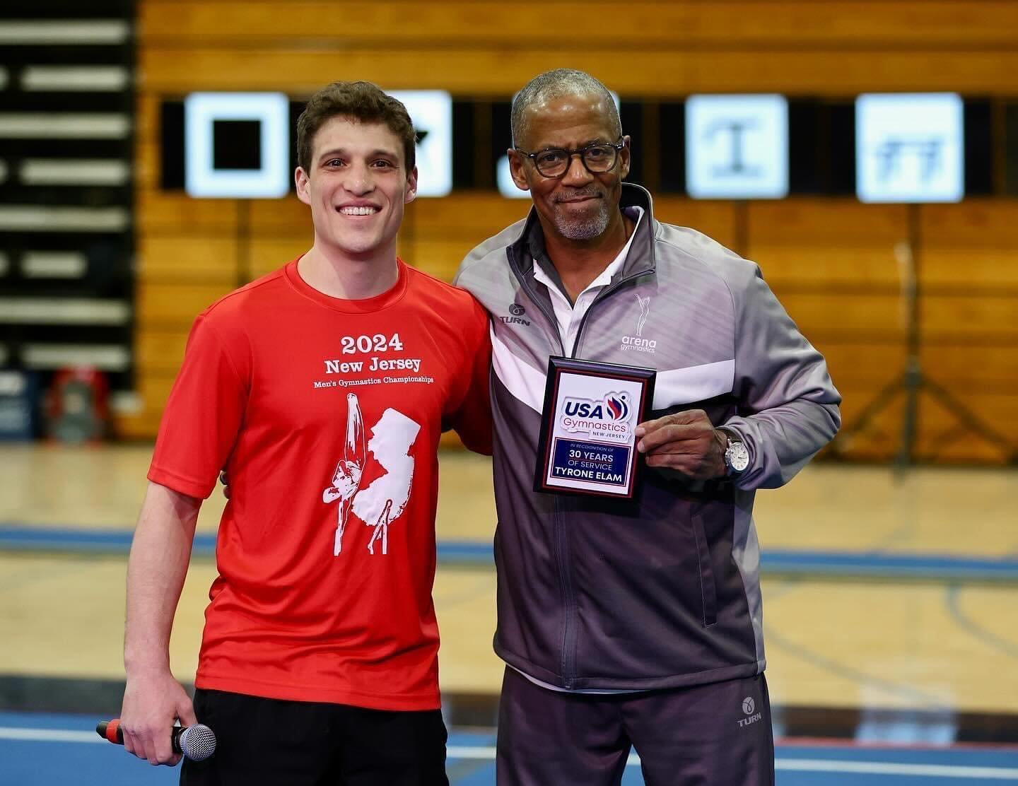 Coach Tyron Elam was recognized by USA Gymnastics NJ for his 30 years of dedication to teaching gymnastics!! Congratulations coach Ty 🎉We are so proud and lucky to have you! 
#arenaproud