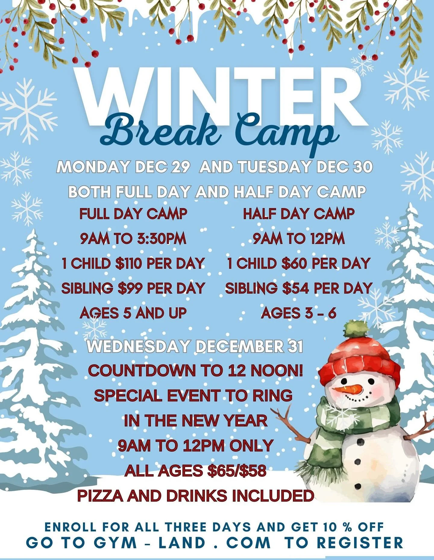 When school&rsquo;s out, the fun&rsquo;s on at GYMLAND! Winter Break Camp 2025 is open for registration &mdash; three days of flipping, playing, crafting &amp; celebrating with friends. Special Event: Countdown to 12 Noon &ndash; Wednesday, December 