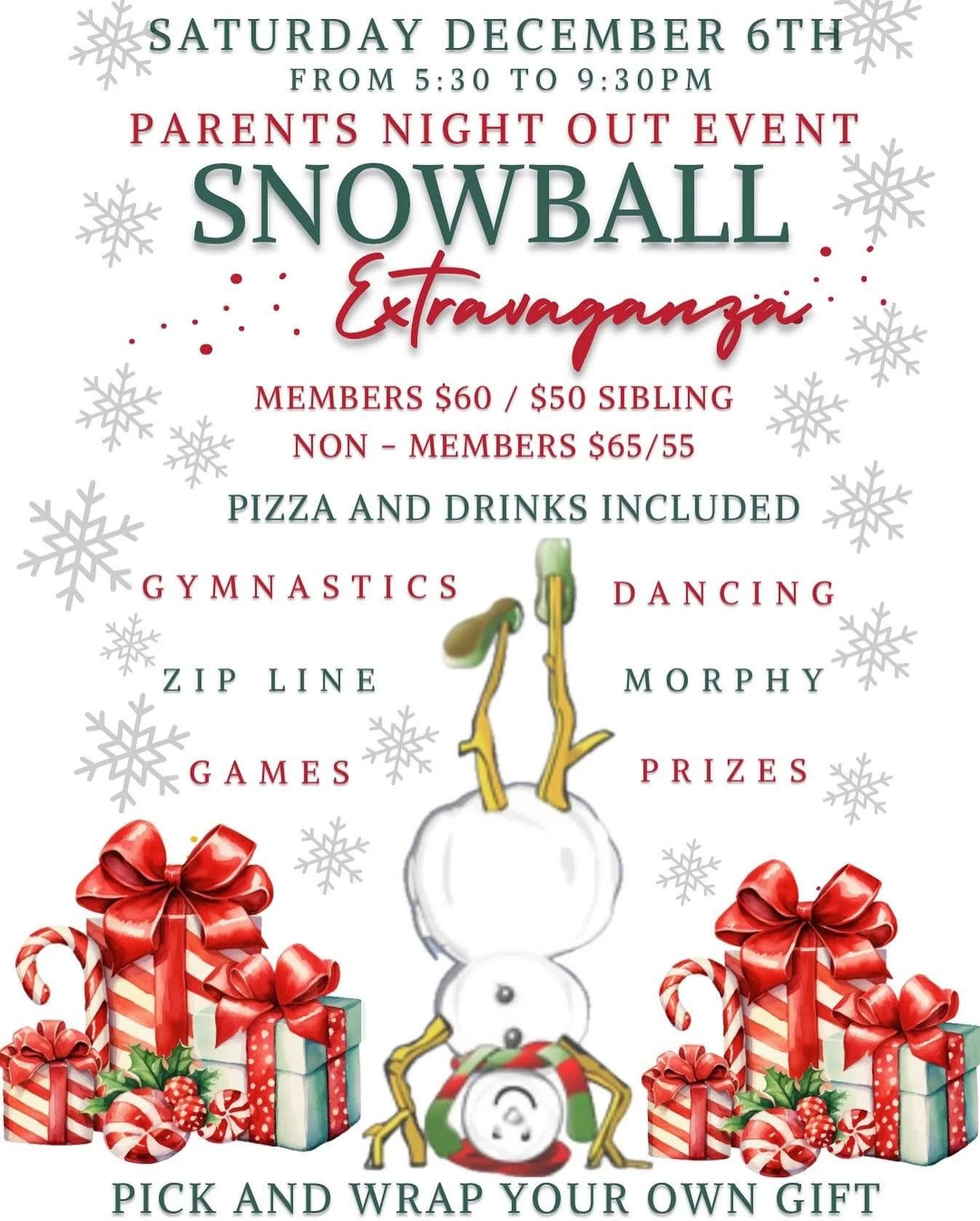Our next Parents Night Out event of the year is coming soon! SNOWBALL EXTRAVAGANZA ☃️An evening of gymnastics, games, dancing, prizes and so much more! Drop your children at Gymland for a fun filled four hour event and go enjoy YOUR Saturday Night Ou